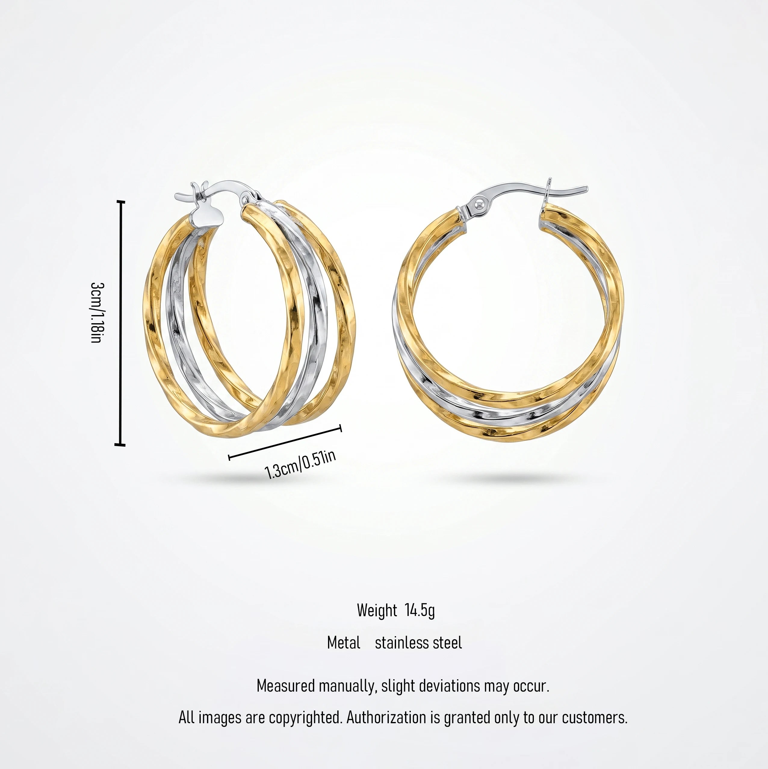 QIAOREN 12436 Tarnish Free Waterproof 3-Row Overlapping Hoops Gold Stainless Steel Two Tone Liquid Metal Latchback EU