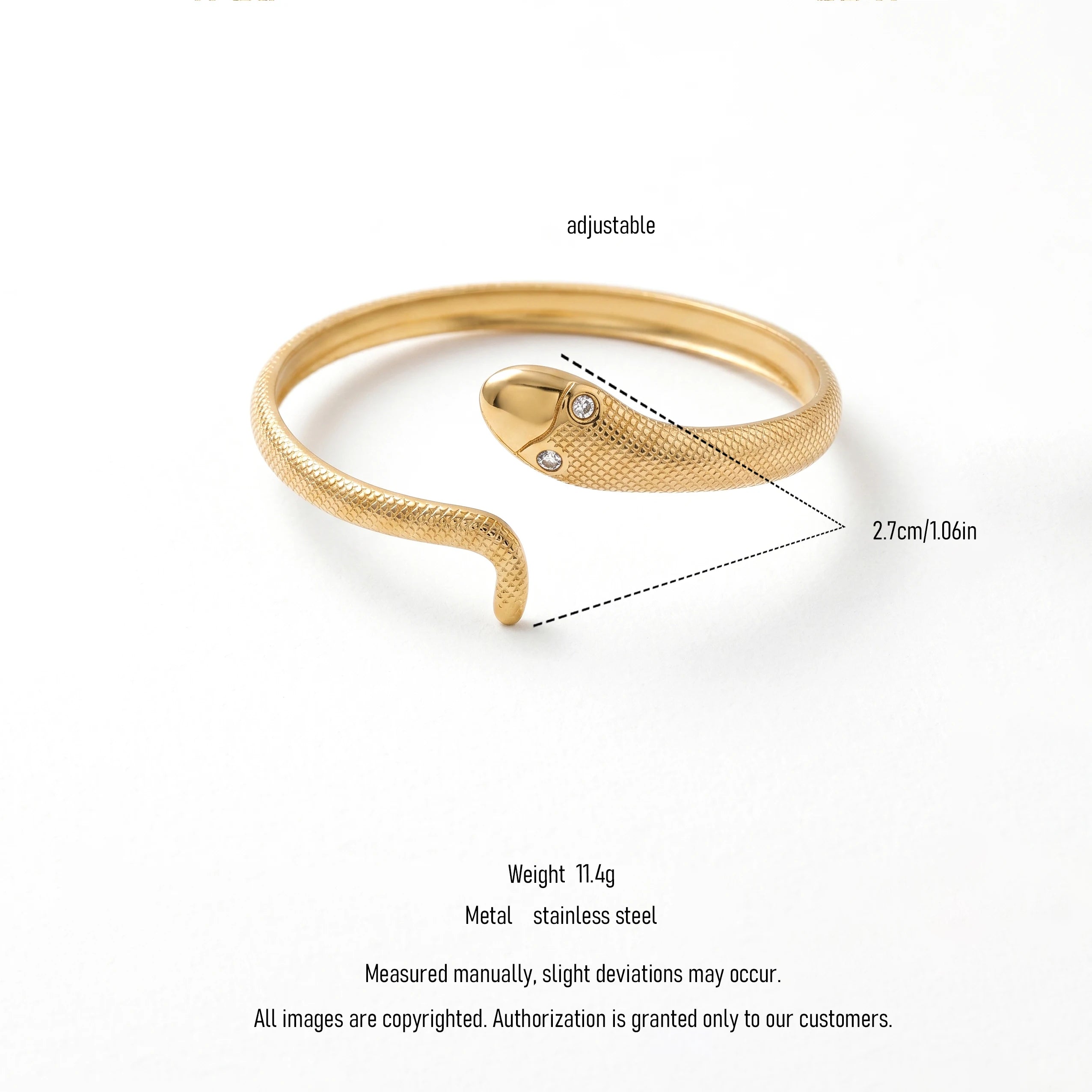 QIAOREN 11890 18K Gold Plated Stainless Steel Anti-Tarnish Textured Snake Cuff Bracelet CZ Eyes Open Wrap Bangle for Women