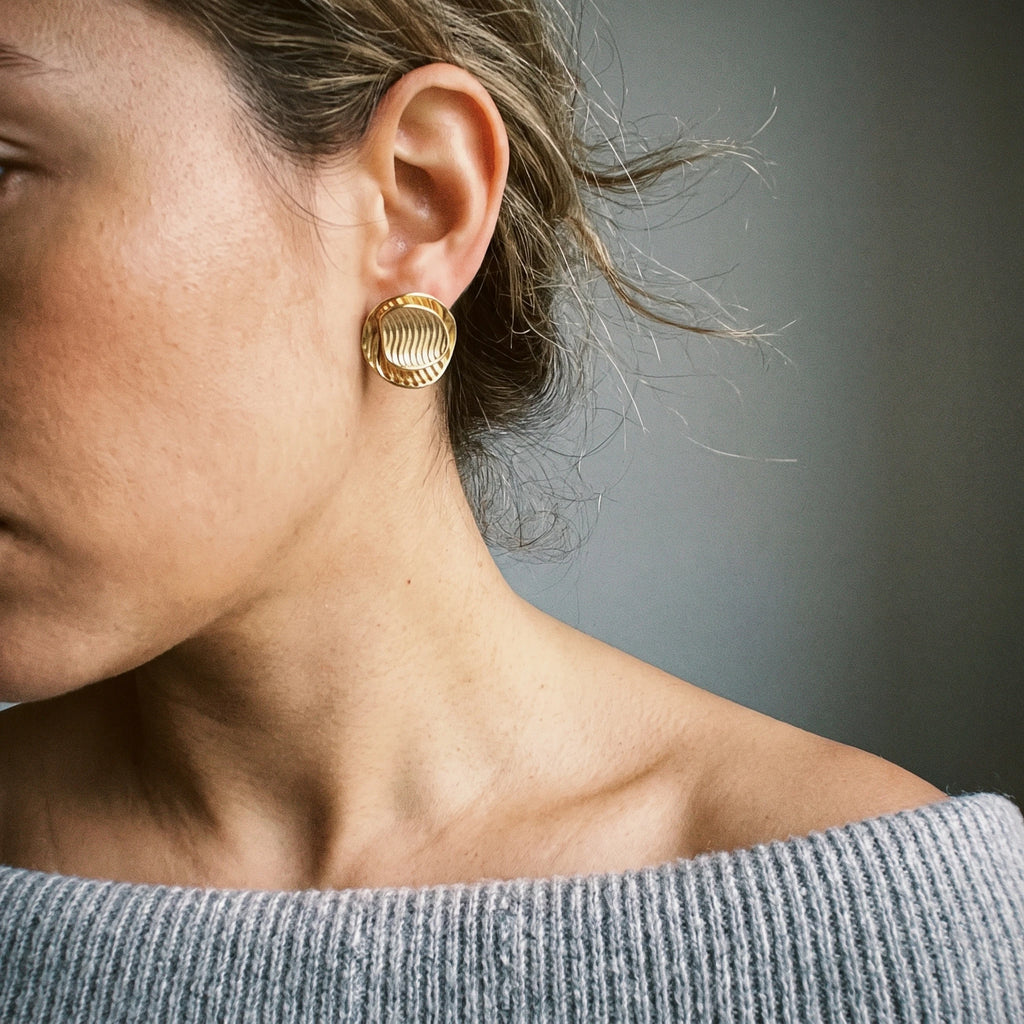 QIAOREN 14552 Double Layer Wavy Ridged Disc Stud Earrings, Textured Stacked Gold Tone Sculptural Earrings