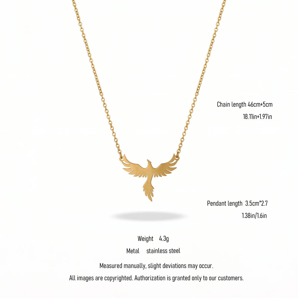 QIAOREN 10853 Stainless Steel Phoenix Pendant Necklace 18K Gold Adjustable Cable Chain Myth Bird Jewelry Gift for Women