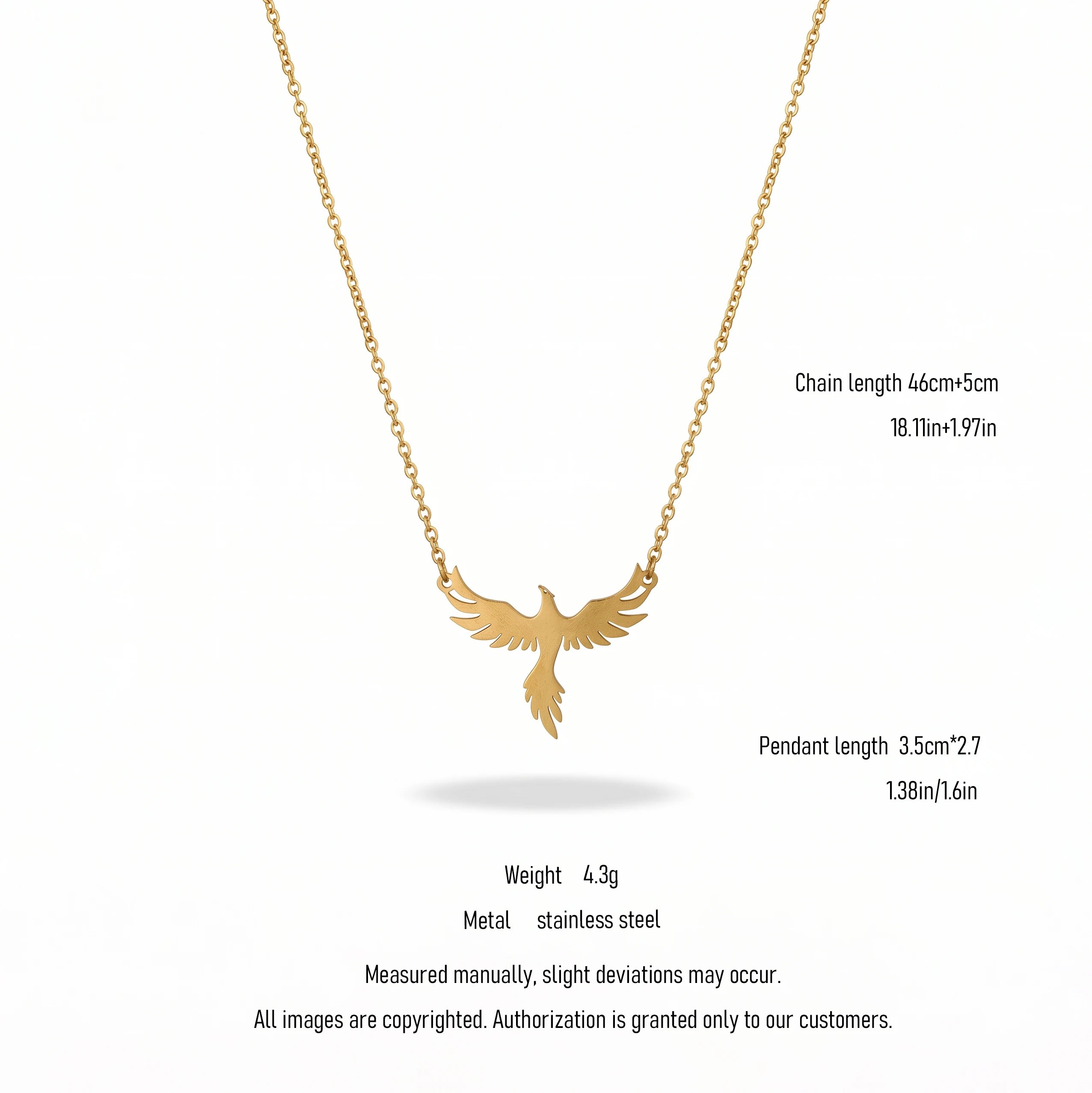 QIAOREN 10853 Stainless Steel Phoenix Pendant Necklace 18K Gold Adjustable Cable Chain Myth Bird Jewelry Gift for Women