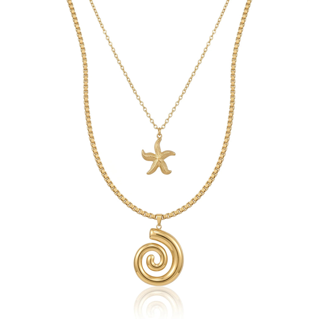QIAOREN 11511 Stainless Steel Double Layer Necklace Starfish Conch Pendant Box Chain Adjustable Gold Beach Jewelry for Women
