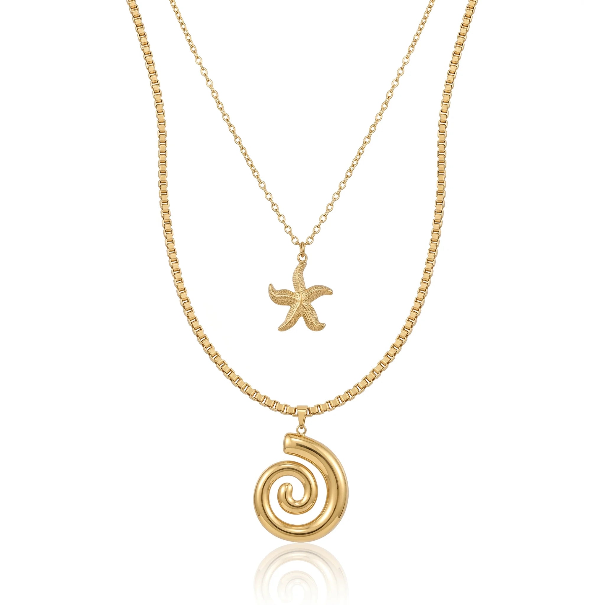 QIAOREN 11511 Stainless Steel Double Layer Necklace Starfish Conch Pendant Box Chain Adjustable Gold Beach Jewelry for Women