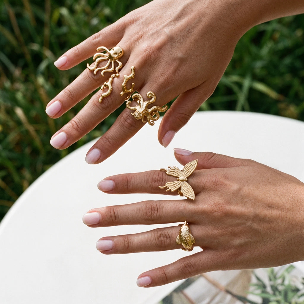 QIAOREN 14294-303 Ocean Inspired Animal Butterfly Open Cuff Ring Set, Adjustable Stackable Gold Tone Statement Rings