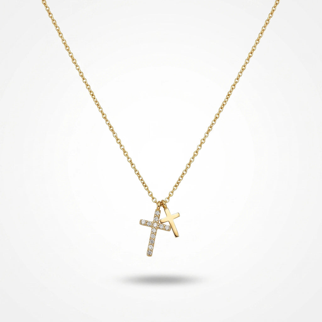 QIAOREN 13753 Thin Oval Link Chain Double Cross Pendant Necklace, One Paved Clear Zircon Cross & One Solid Plain Cross Charms