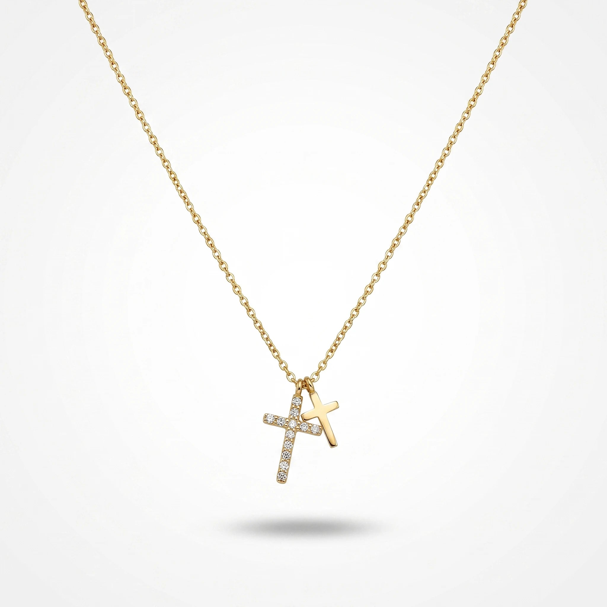 QIAOREN 13753 Thin Oval Link Chain Double Cross Pendant Necklace, One Paved Clear Zircon Cross & One Solid Plain Cross Charms