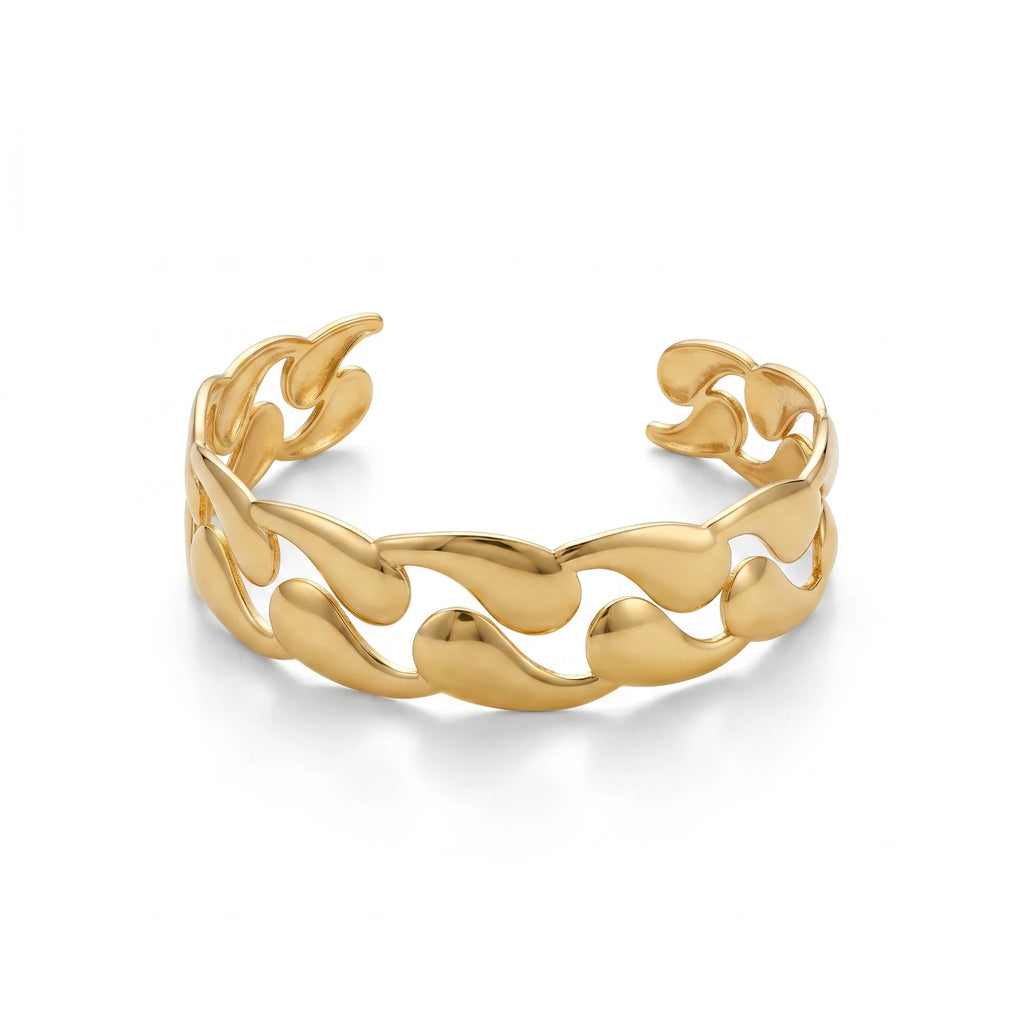 QIAOREN 12703 18K Gold Polished Interlocked Teardrop Chain Hollow Open Cuff Bracelet Stainless Steel Smooth Linked Adjustable