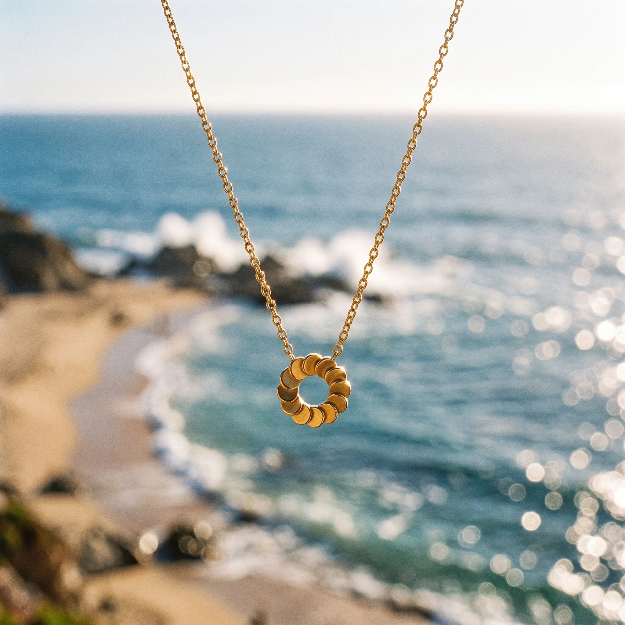 QIAOREN 13805 Thin Oval Link Chain Pendant Necklace with Stacked Disc Wreath Hollow Circle Charm