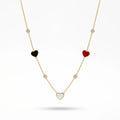 QIAOREN 13498 Three Color Enamel Heart Station Necklace with Tiny Round Crystal Charms, Dainty Thin Cable Chain Necklace