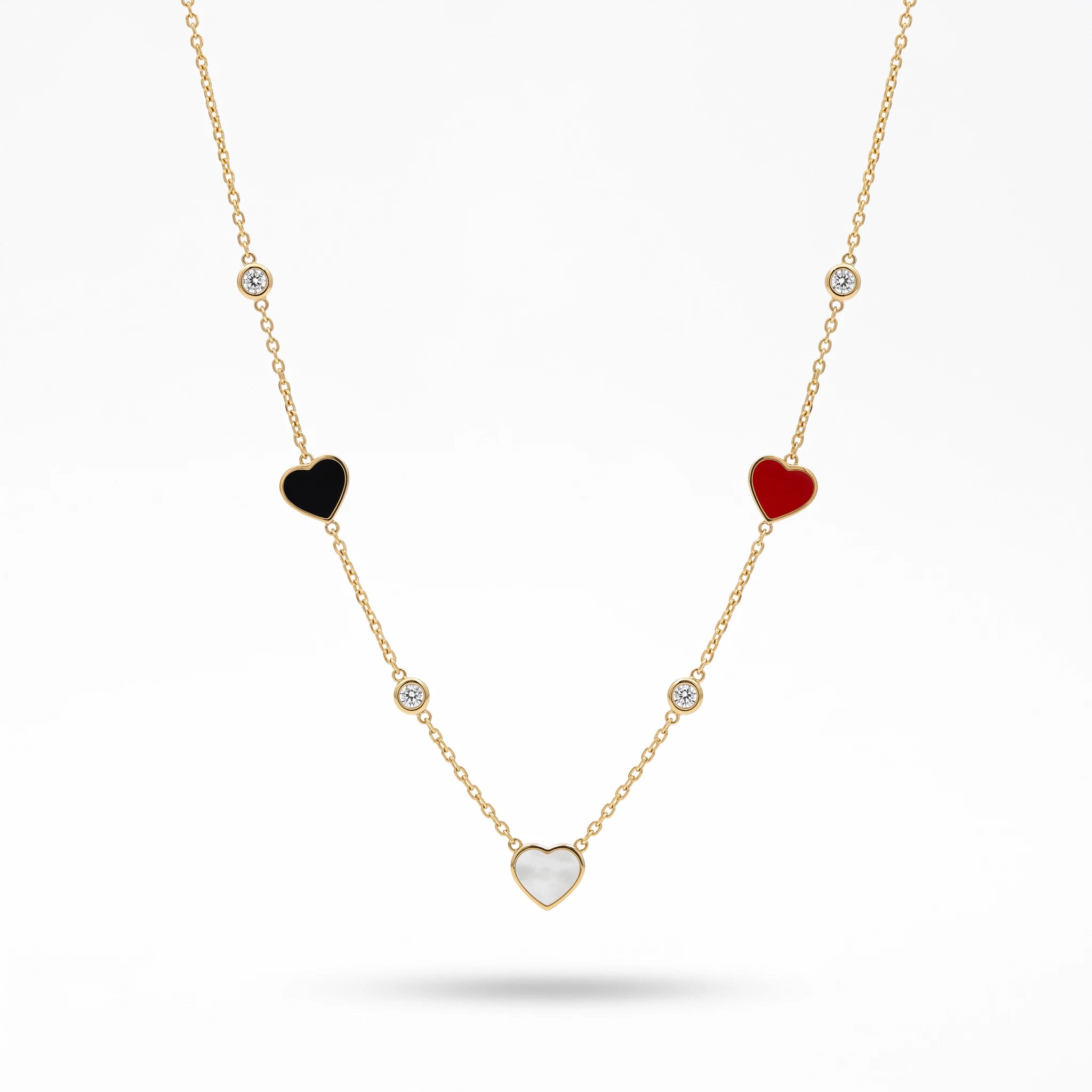 QIAOREN 13498 Three Color Enamel Heart Station Necklace with Tiny Round Crystal Charms, Dainty Thin Cable Chain Necklace