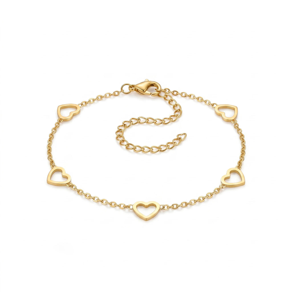 QIAOREN 12854 Gold Plated Heart Charm Ankle Bracelet for Women Adjustable Dainty Love Chain Anklet Minimalist Jewelry Gift