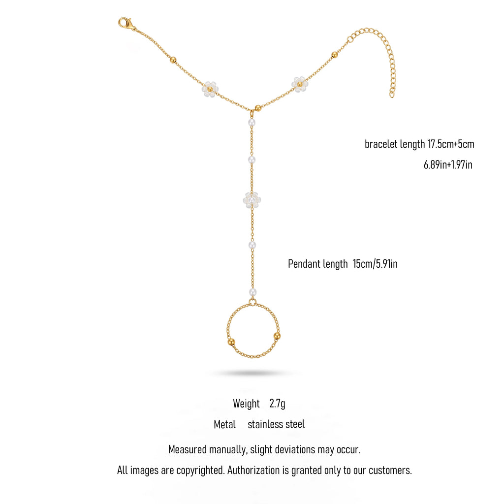 QIAOREN 10761 Boho Style Stainless Steel Flower Pearl Hand Harness Bracelet Gold Plated Finger Chain for Women