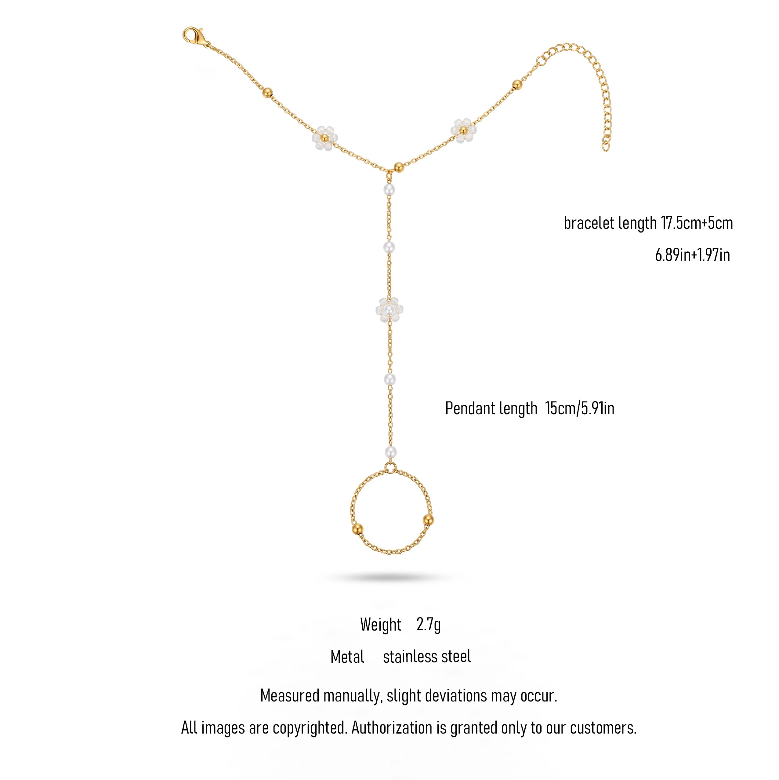 QIAOREN 10761 Boho Style Stainless Steel Flower Pearl Hand Harness Bracelet Gold Plated Finger Chain for Women
