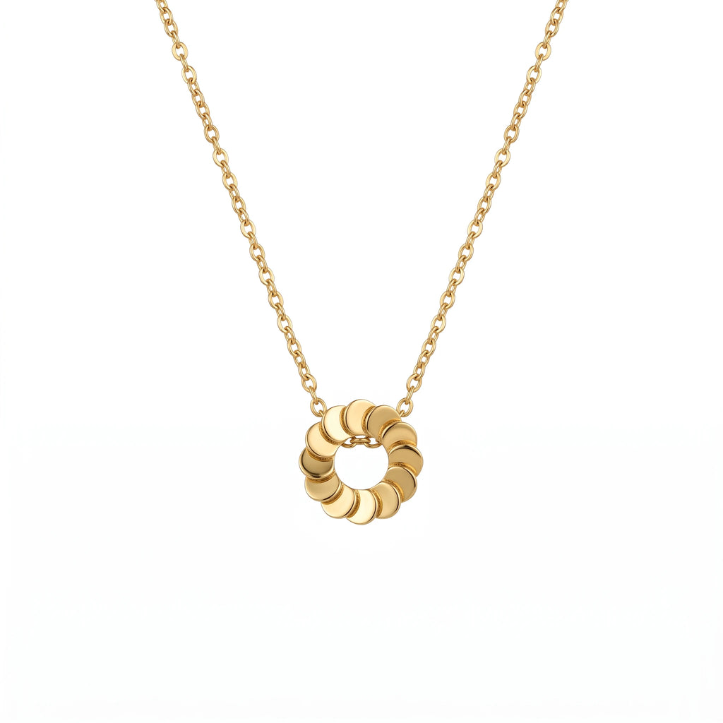 QIAOREN 13805 Thin Oval Link Chain Pendant Necklace with Stacked Disc Wreath Hollow Circle Charm