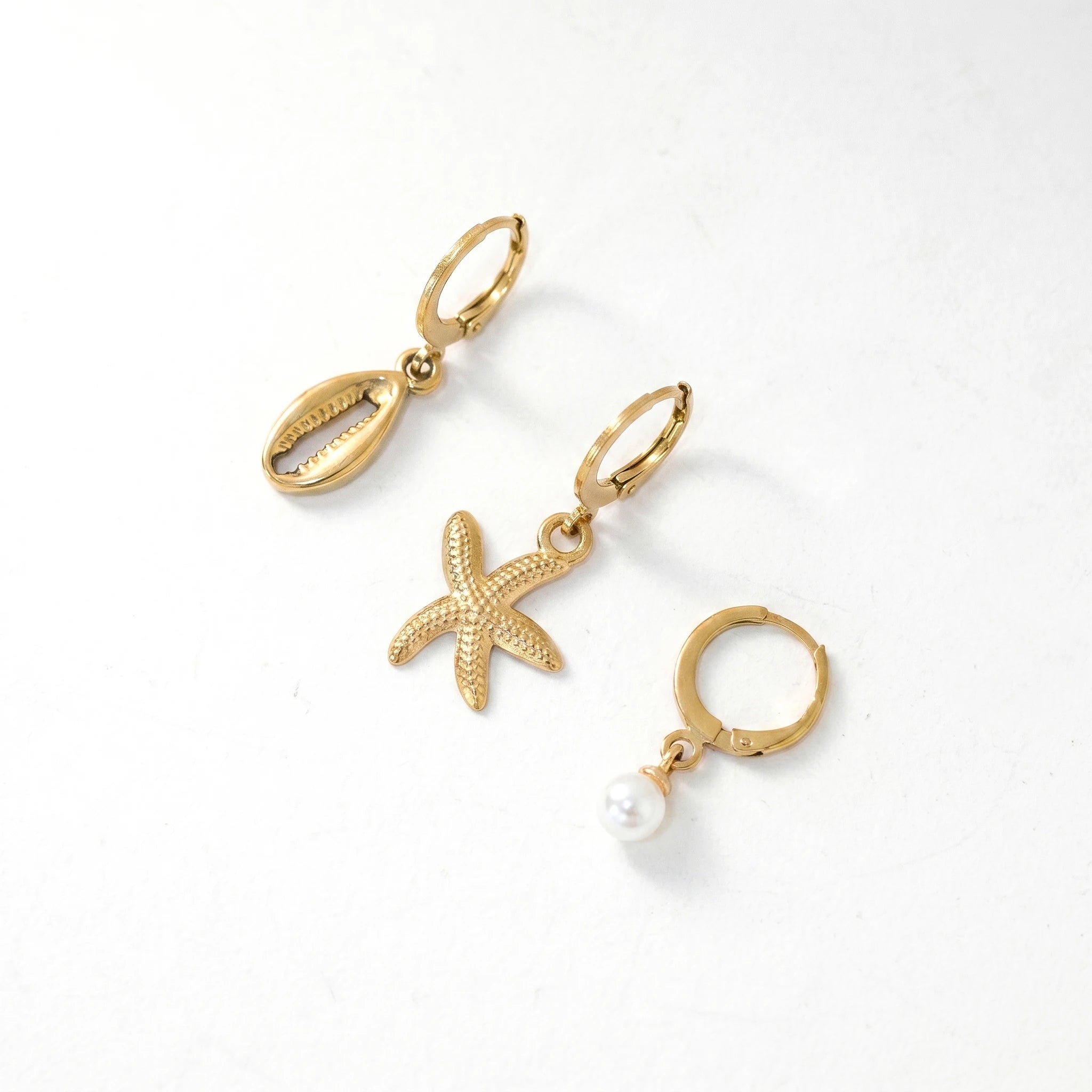 QIAOREN 11849 3Pcs Ocean Huggie Hoop Earrings Set Stainless Steel Gold Cowrie Shell Starfish Pearl Dangle Jewelry for Women US