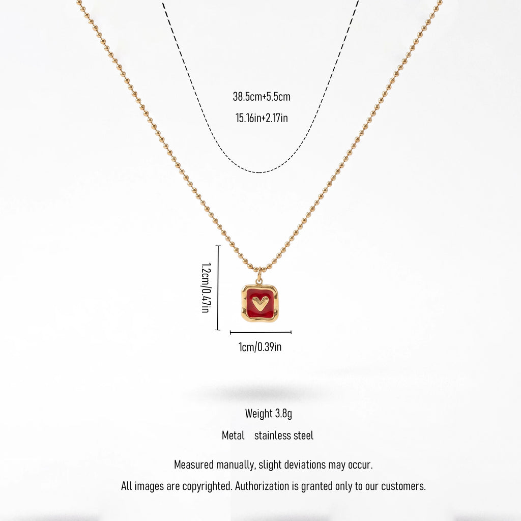 QIAOREN  13712 Ball Bead Chain Pendant Necklace with Rounded Square Solid Red Enamel & Embossed Mini Heart Charm