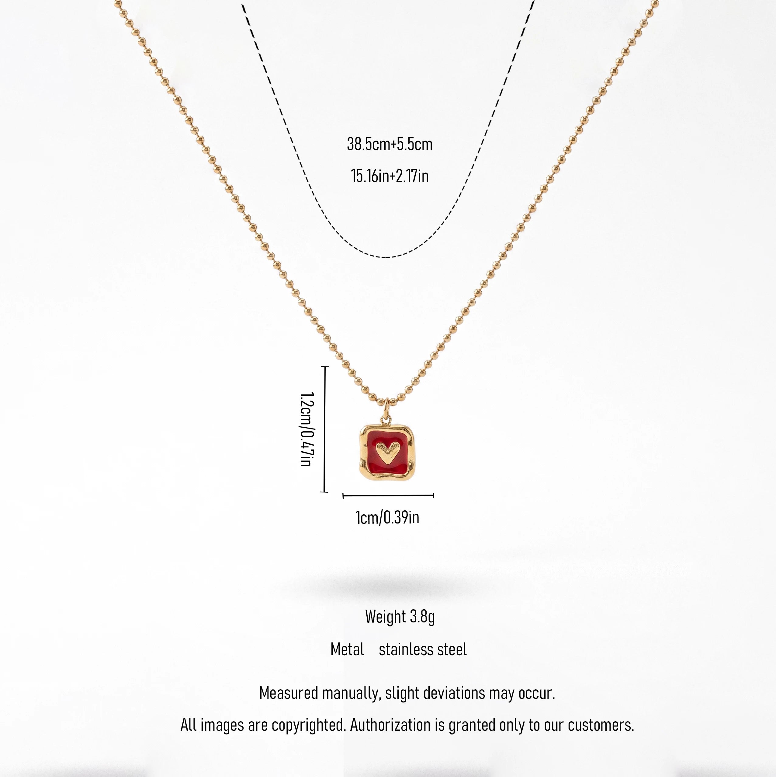 QIAOREN  13712 Ball Bead Chain Pendant Necklace with Rounded Square Solid Red Enamel & Embossed Mini Heart Charm