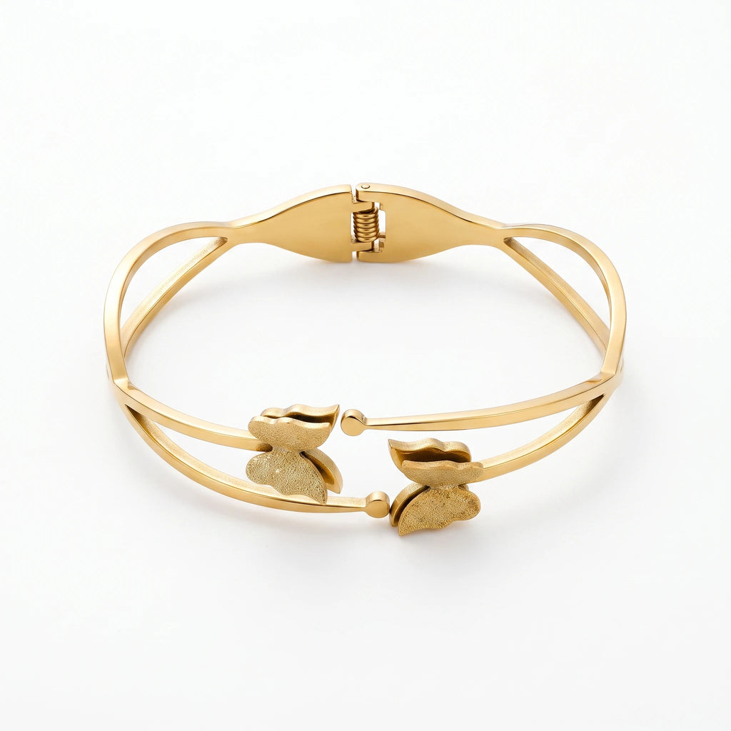 QIAOREN 13656 Trendy Hollow Double Line Butterfly Spring Bangle, Textured Matte Love Insect Decor Gold Open Cuff Bangle