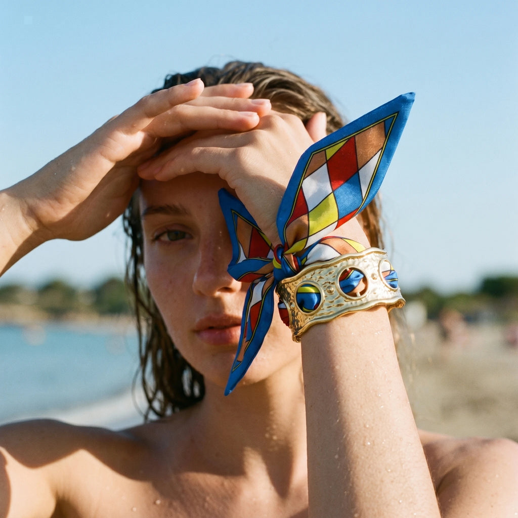 QIAOREN 11007 Colorful Geometric Scarf Bracelet Gold Stainless Steel Wide Cuff Adjustable Summer Beach Jewelry