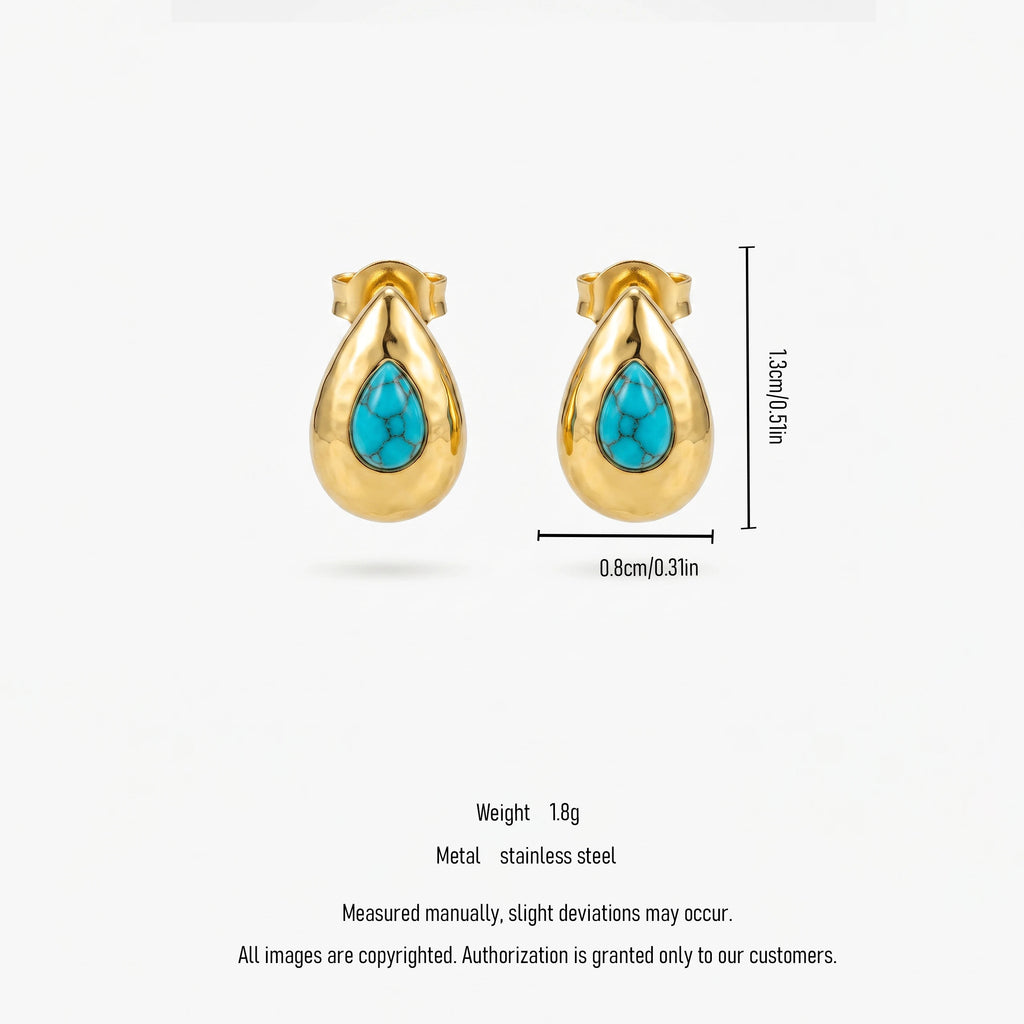 QIAOREN 13276 Gold Tone Hammered Teardrop Stud Earrings Inlaid Natural Turquoise Stone Water Drop Shape Clip Back Studs Bohemian
