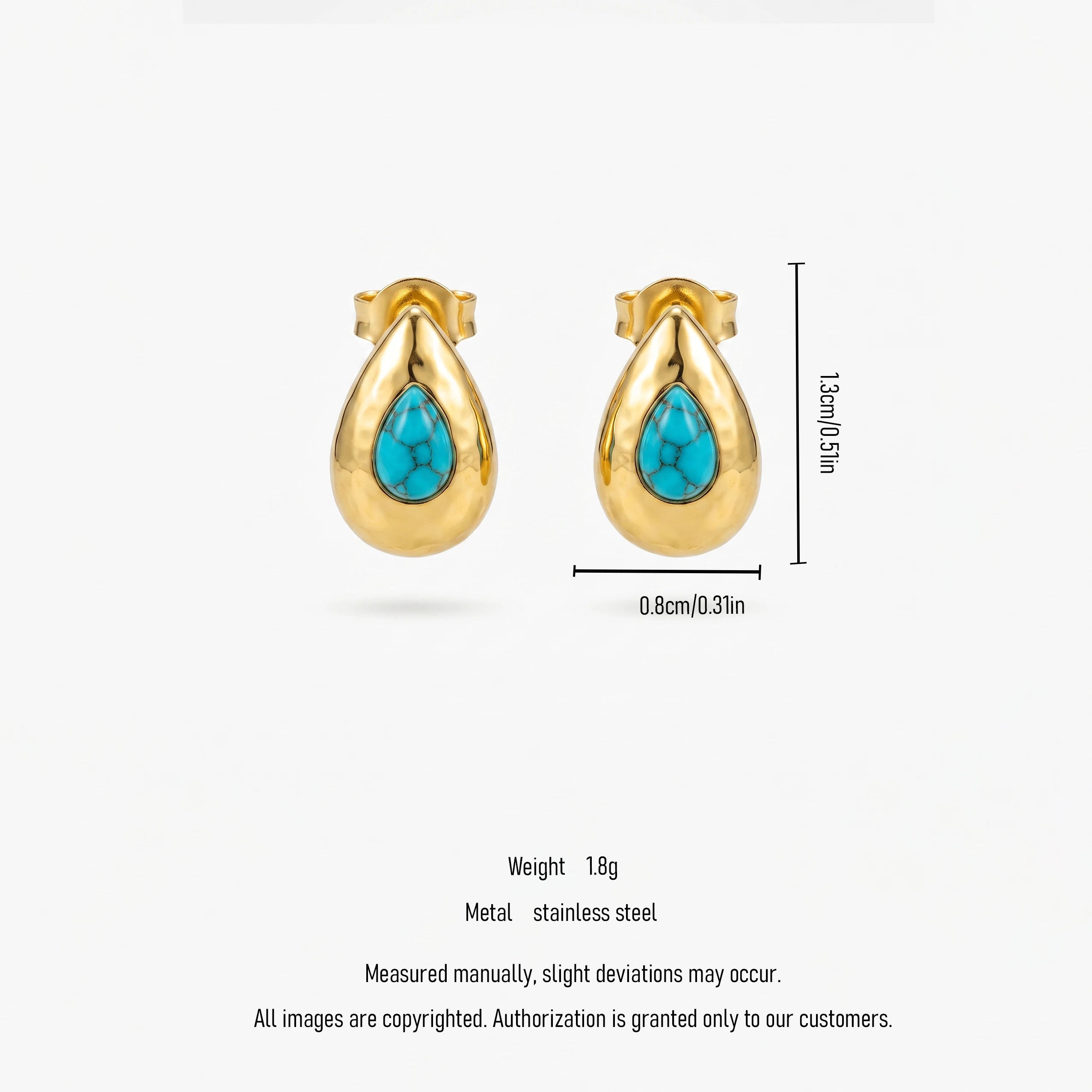QIAOREN 13276 Gold Tone Hammered Teardrop Stud Earrings Inlaid Natural Turquoise Stone Water Drop Shape Clip Back Studs Bohemian