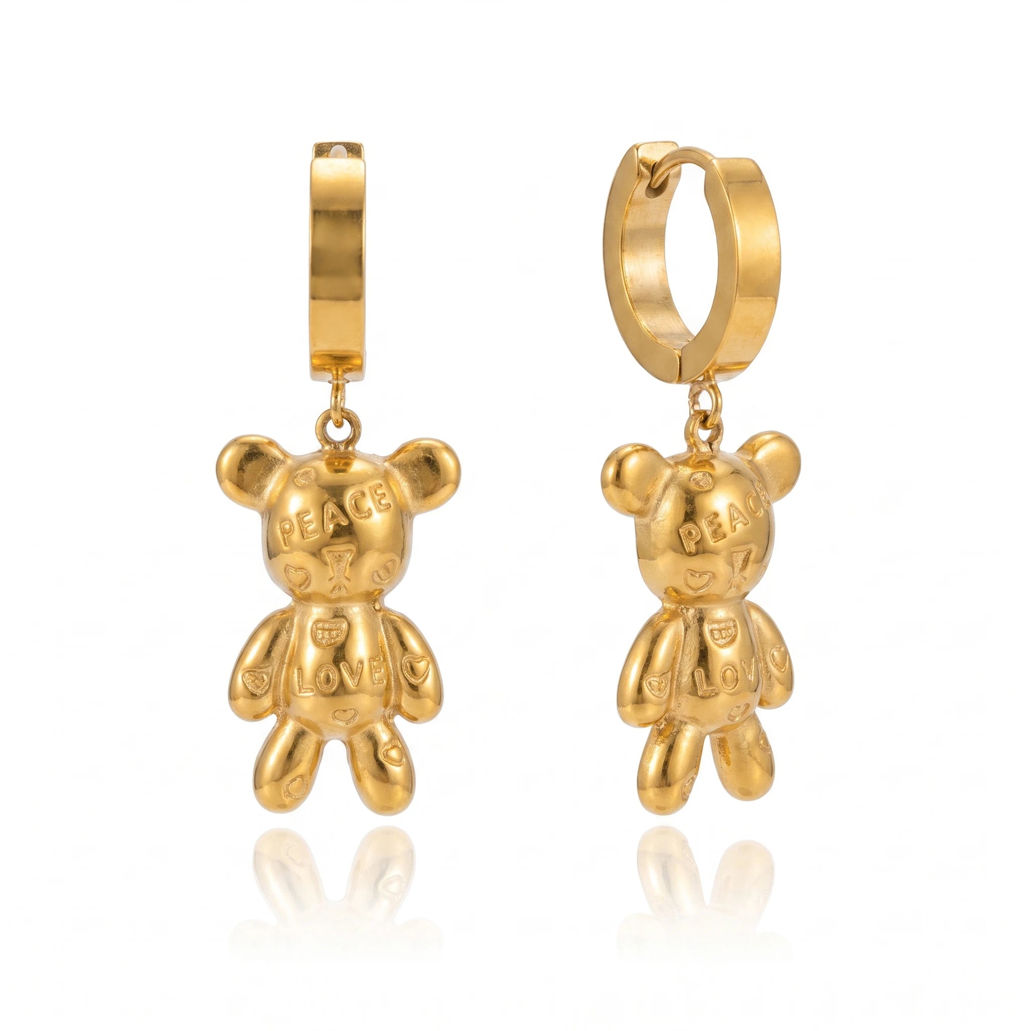 QIAOREN 14378 Peace Love Engraved Teddy Bear Dangle Huggie Hoop Earrings, Stainless Steel Drop Earrings Jewelry Gift for Daily