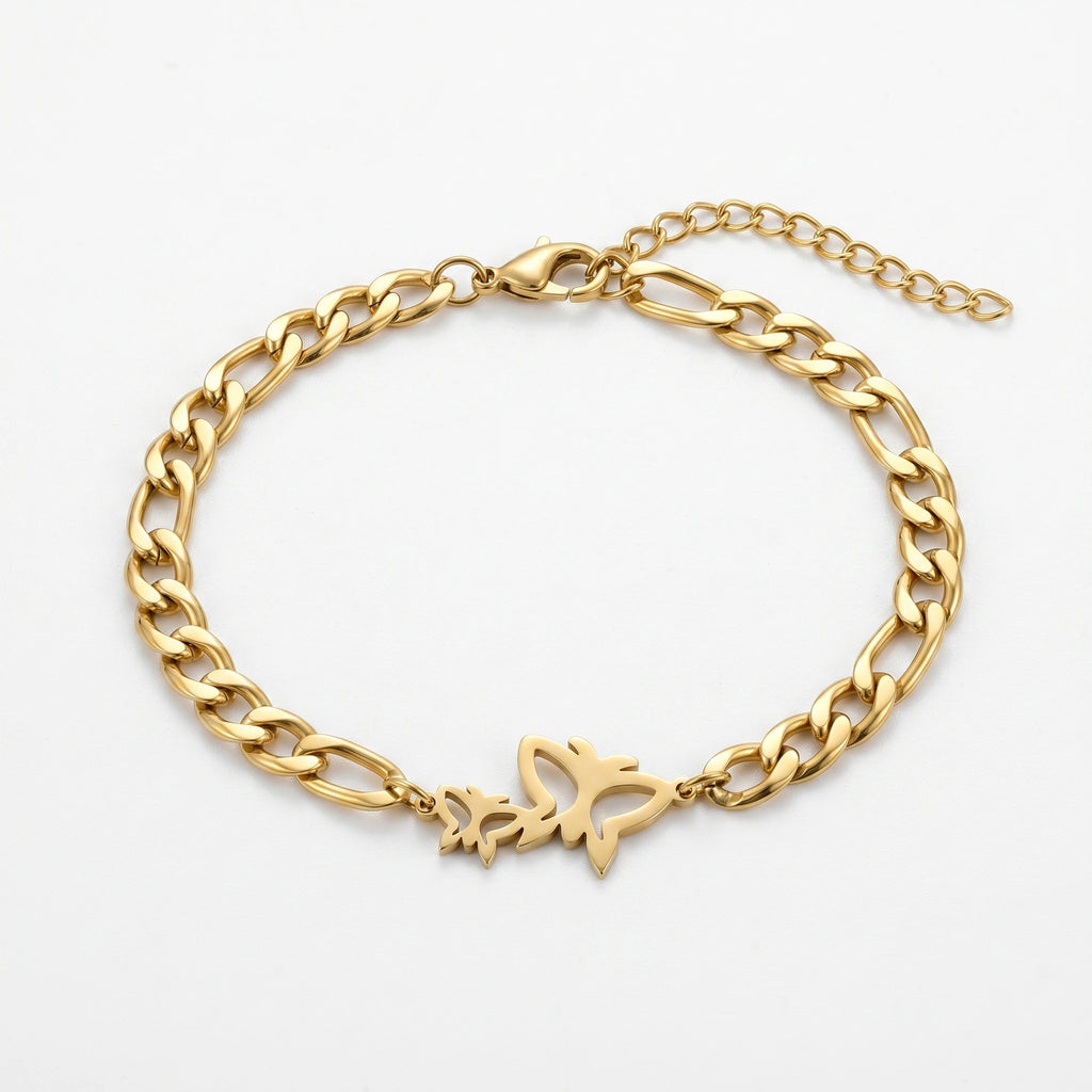 QIAOREN 11735 Tarnish Free 18K Gold Stainless Steel Butterfly & Star Anklet Cuban Chain Adjustable Foot Chain