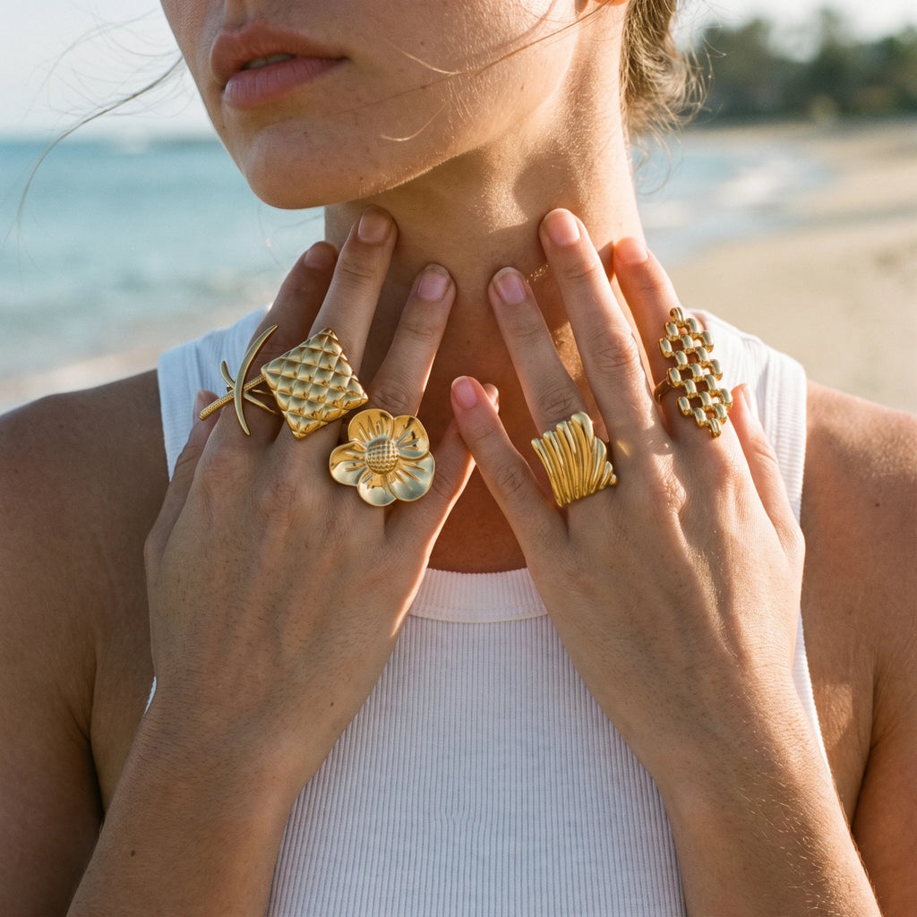 QIAOREN 14269-78 Vintage Textured Geometric Floral Open Cuff Ring Set, Adjustable Stackable Gold Tone Statement Rings