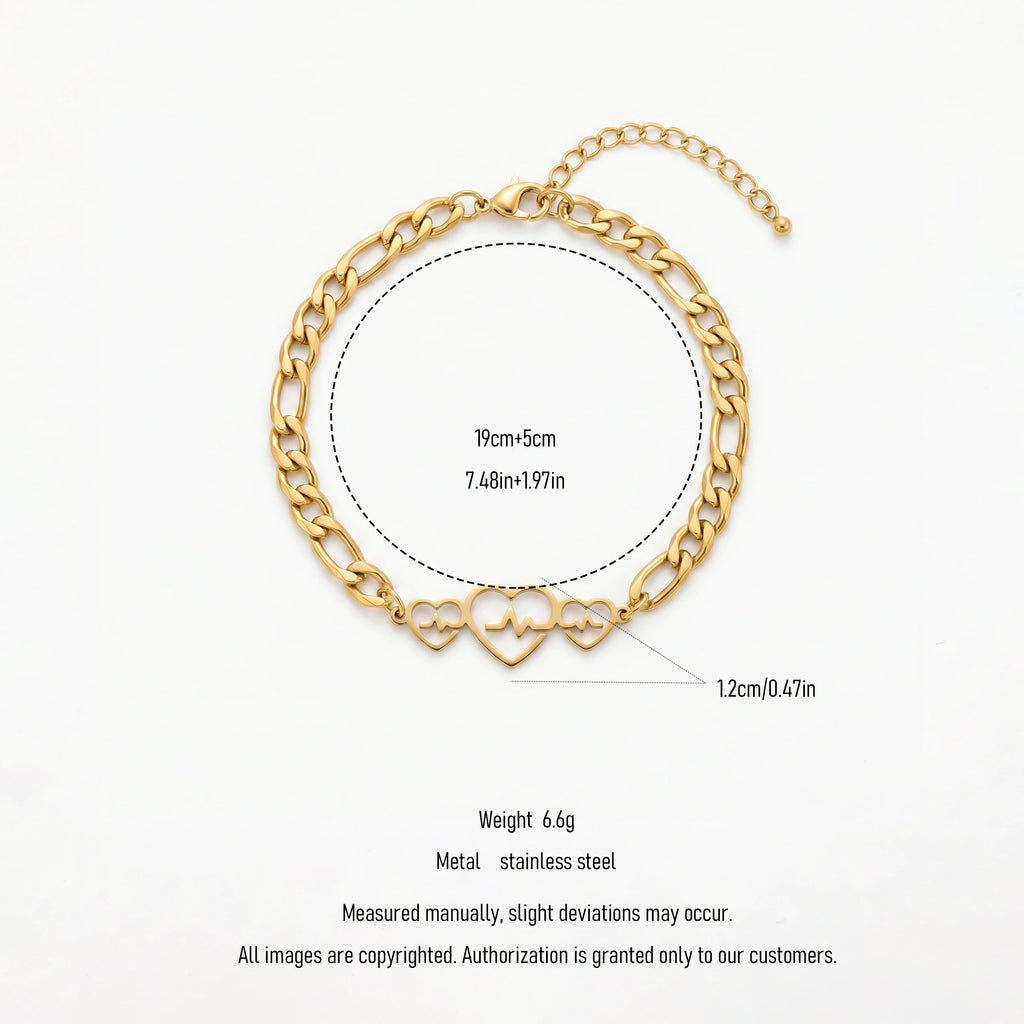 QIAOREN 11736 Tarnish Free 18K Gold Stainless Steel Heartbeat Anklet Cuban Chain Adjustable Foot Chain