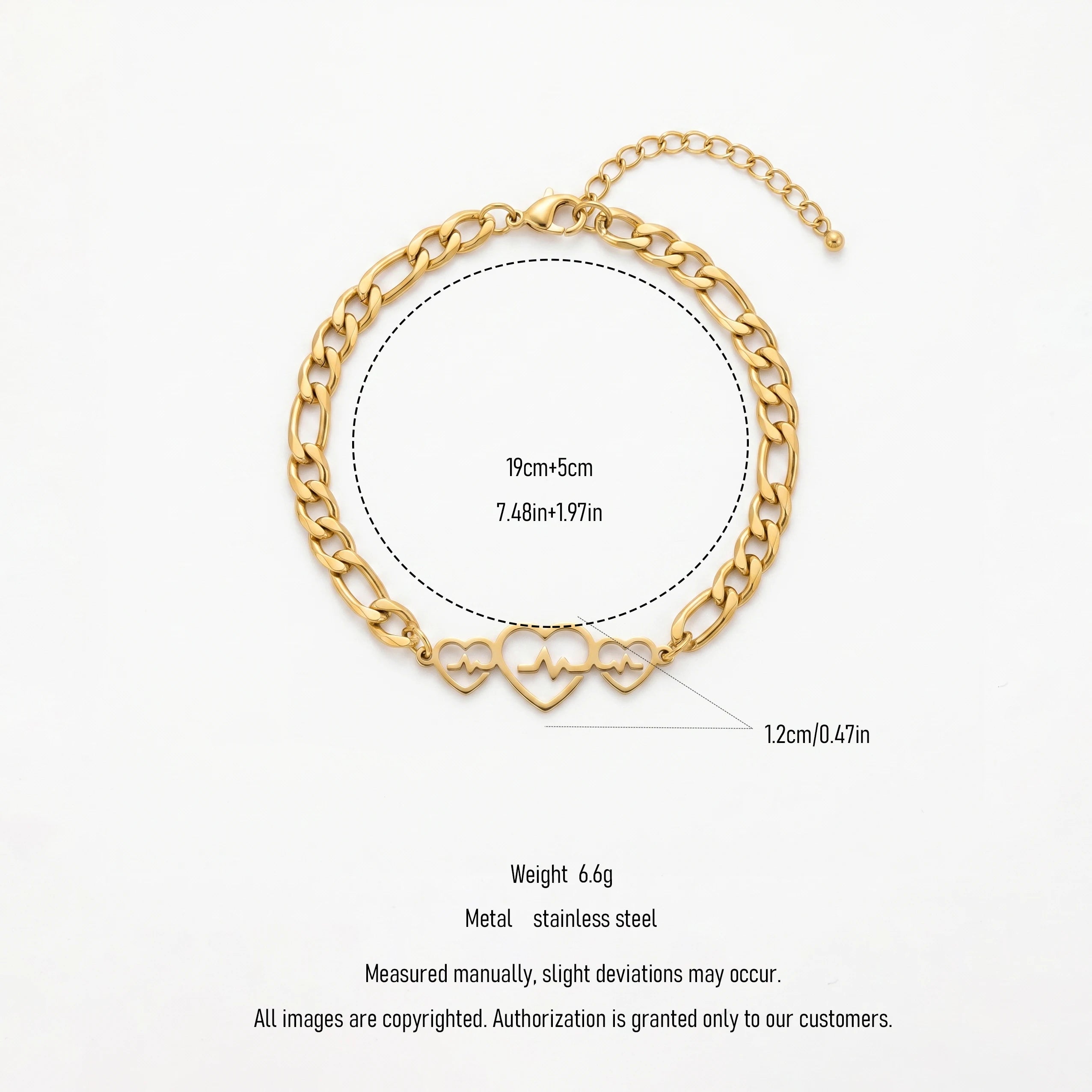 QIAOREN 11736 Tarnish Free 18K Gold Stainless Steel Heartbeat Anklet Cuban Chain Adjustable Foot Chain