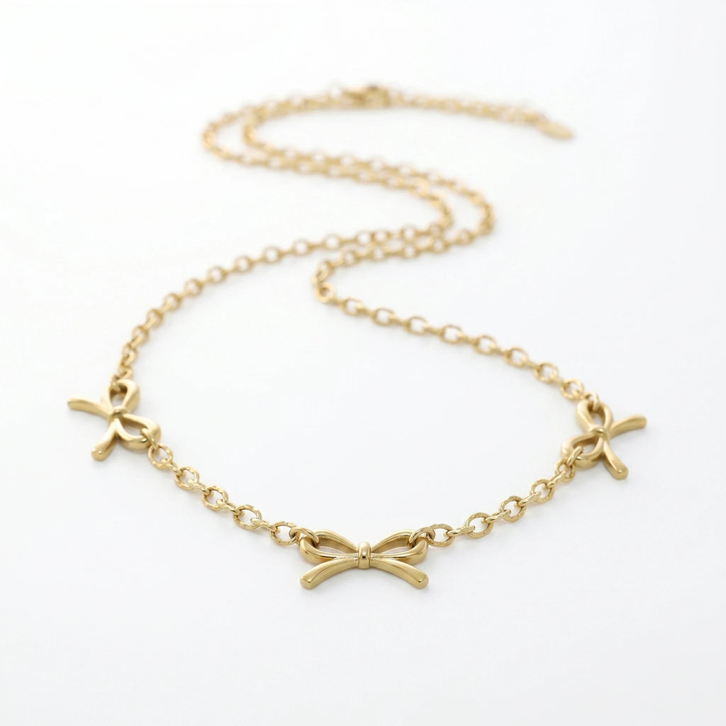 QIAOREN 12868 18K Gold Plated Coquette Bow Necklace, Waterproof Tarnish Free Stainless Steel Ribbon Charm Jewelry for Women