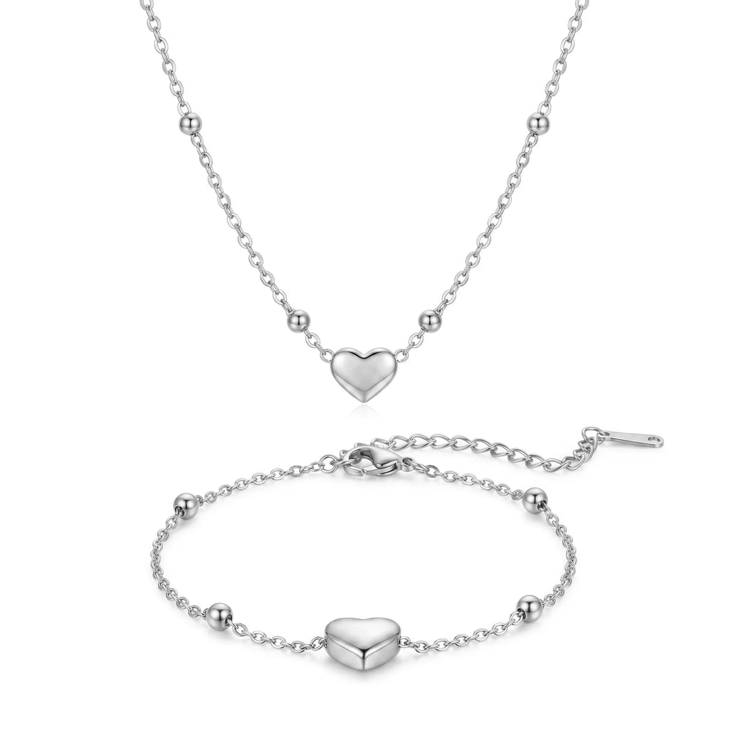 QIAOREN 12858 18K Gold Plated Puffy Heart Necklace Bracelet Set, Waterproof Tarnish Free Stainless Steel Jewelry for Women