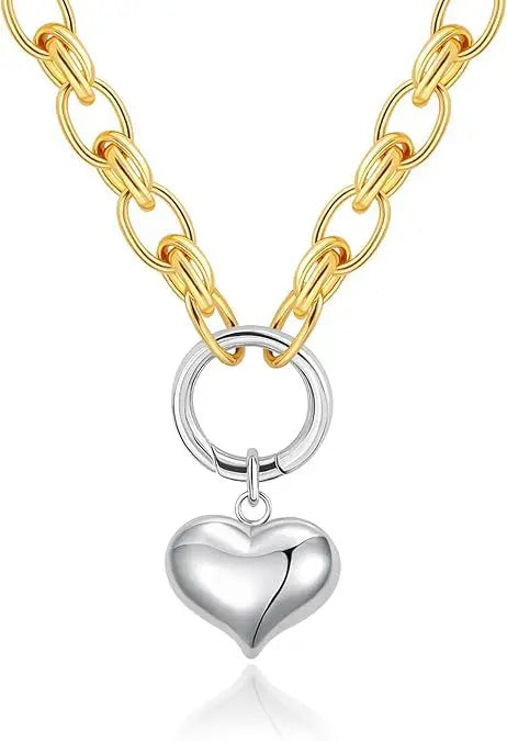 QIAOREN 20262 18K Gold Plated Heart Square Jewelry Set, Textured Grid Pattern Heart Pendant Necklace