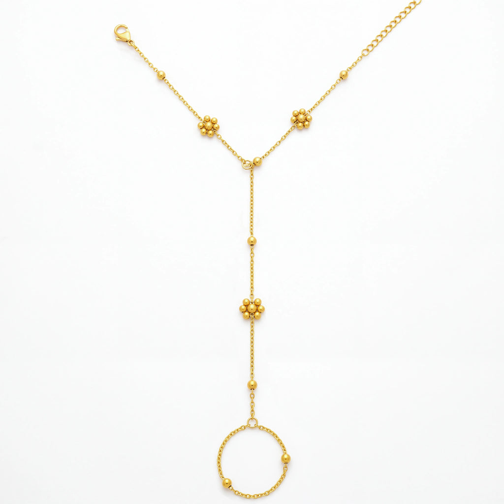 QIAOREN 10765 Gold Bead Flower Stainless Steel Hand Chain Bracelet  Slave Ring Bracelet for Women Party