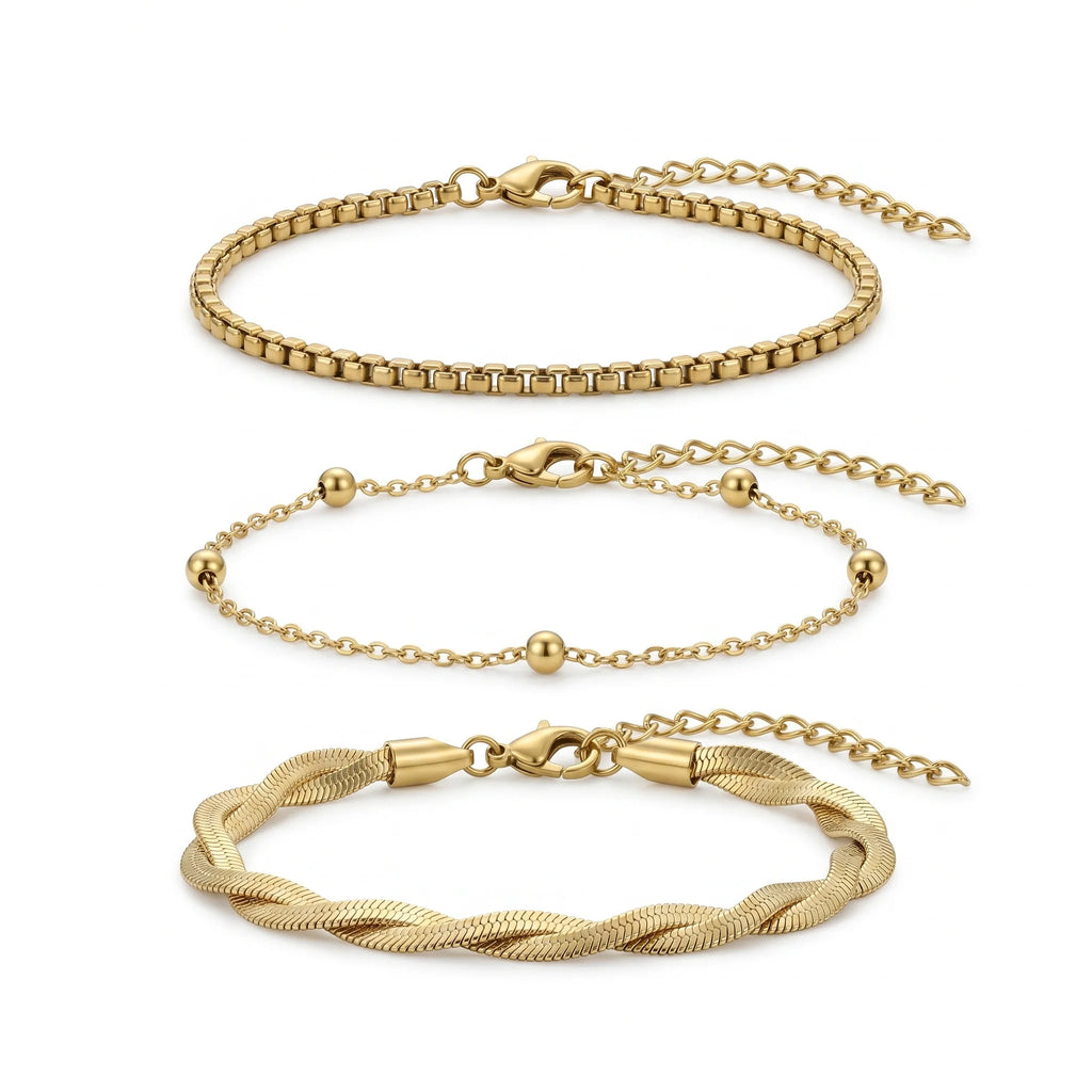 QIAOREN 11529 18K Gold Plated 3Pcs Twist Braided Box Chain Bracelet Set Stainless Steel Tarnish Free