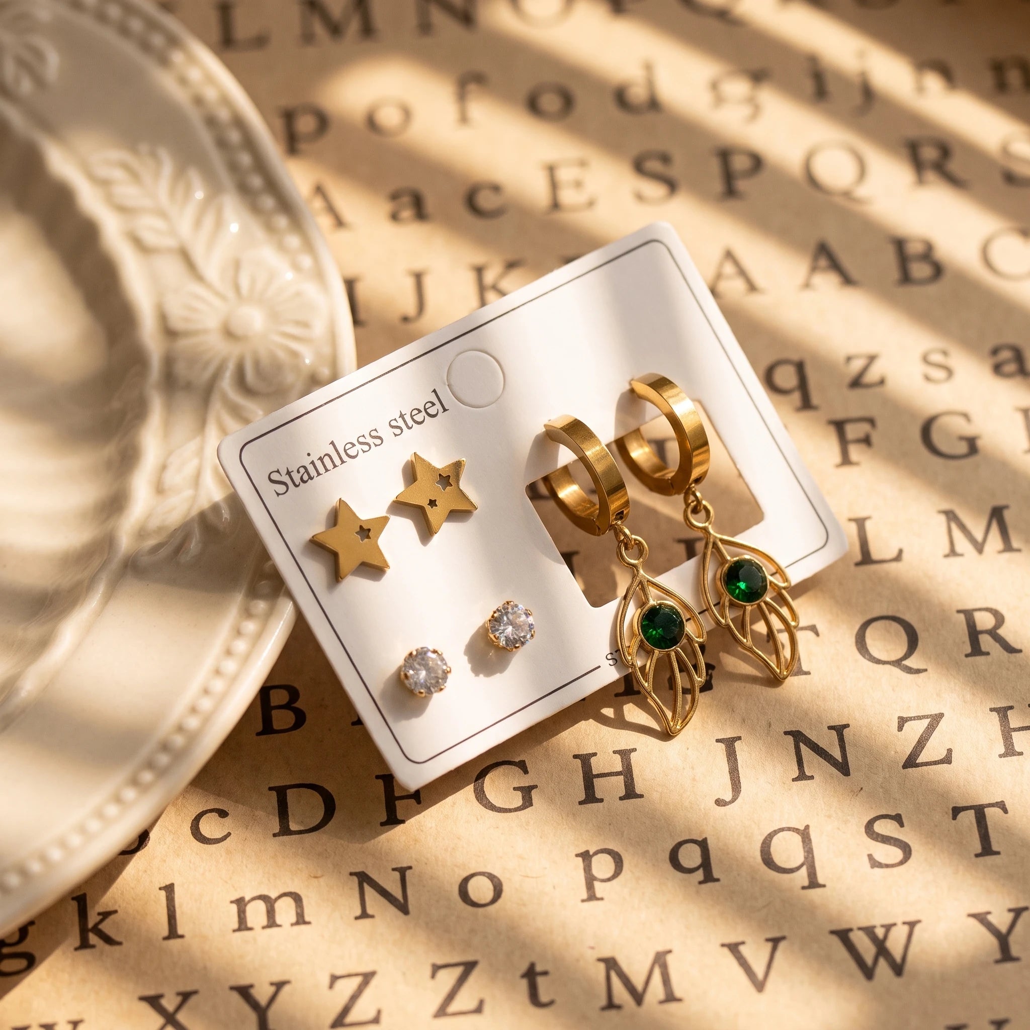 QIAOREN 14525 Waterproof Stainless Steel Earrings Set Star Leaf Hoop Drop Stud Earrings Green CZ Jewelry Women