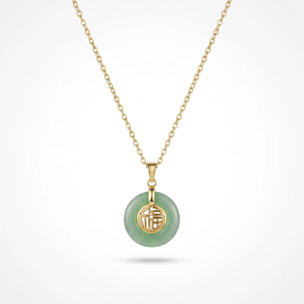 QIAOREN 13758-59  Thin Oval Link Chain Pendant Necklace with Green Jade Peace Donut Charm Inlaid Hollow Chinese Fu