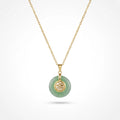 QIAOREN 13758-59  Thin Oval Link Chain Pendant Necklace with Green Jade Peace Donut Charm Inlaid Hollow Chinese Fu