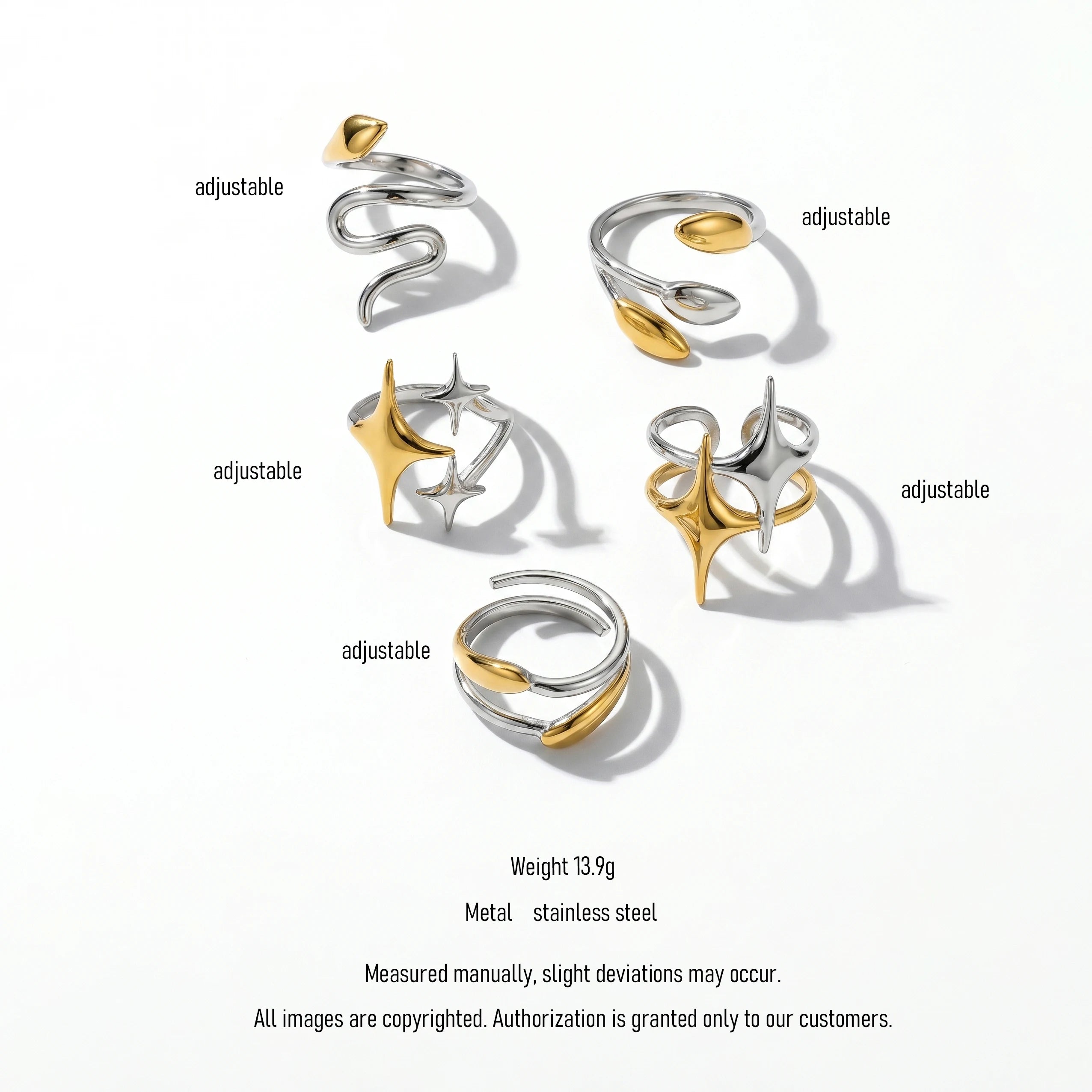 QIAOREN 12923-27 18K Gold Plated 316L Stainless Steel Two Tone Snake Star Adjustable Rings Set Tarnish Free Waterproof Jewelry