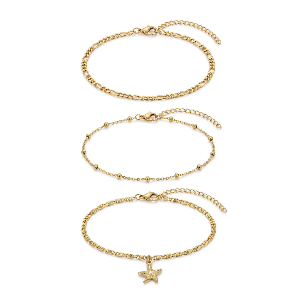 QIAOREN 11517 Summer Beach Starfish Layered Anklet Set Stainless Steel Waterproof Vacation Foot Jewelry