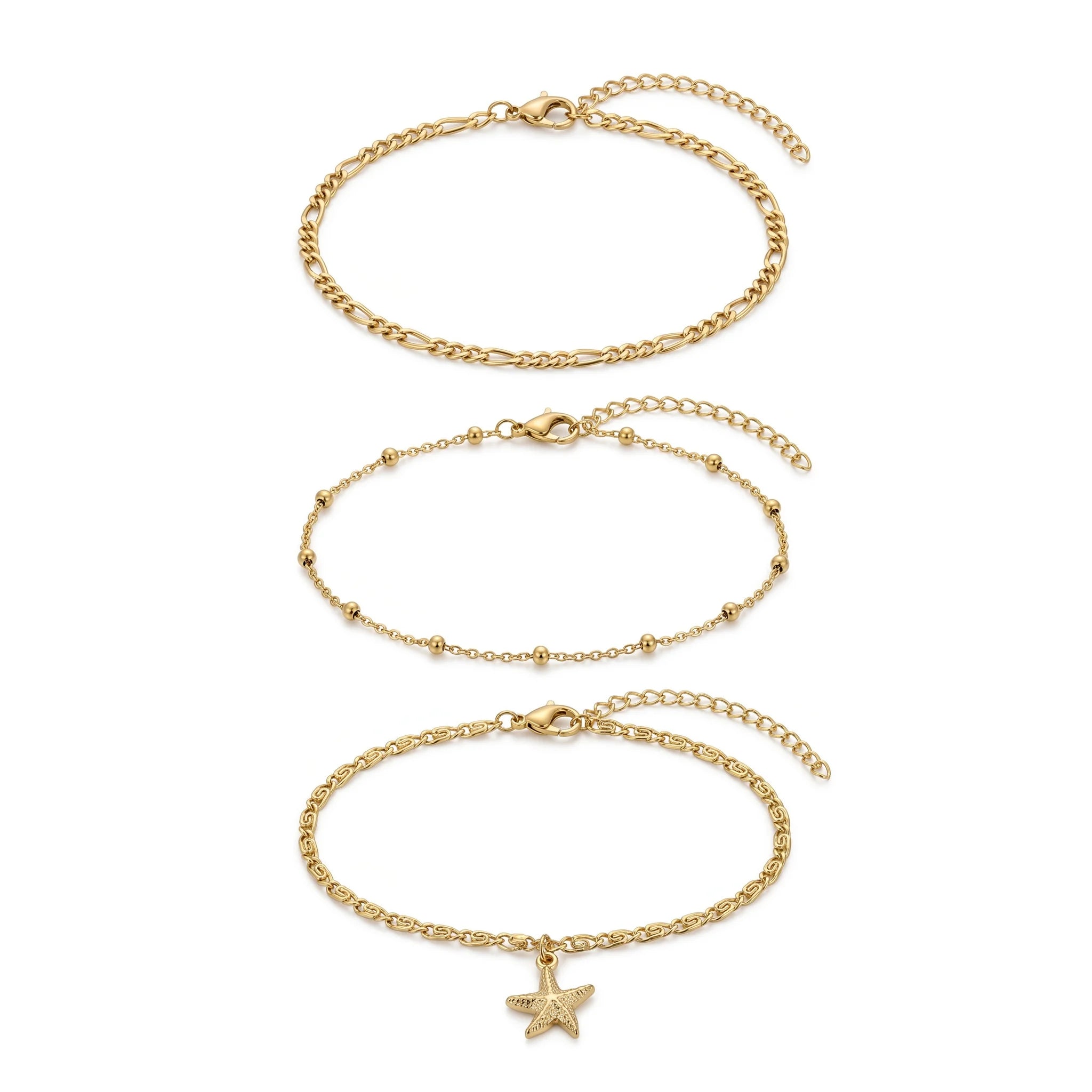 QIAOREN 11517 Summer Beach Starfish Layered Anklet Set Stainless Steel Waterproof Vacation Foot Jewelry