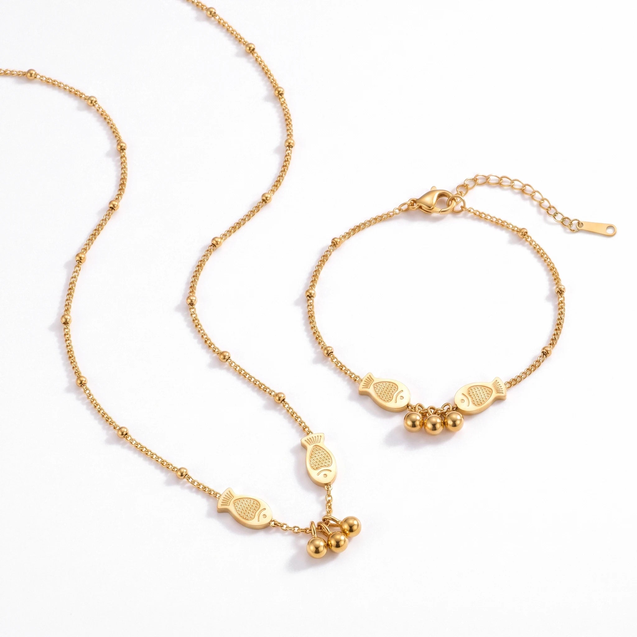 QIAOREN 14003 Beaded Cable Chain Anklet with Two Textured Fish Charms and Three Dangling Round Beads
