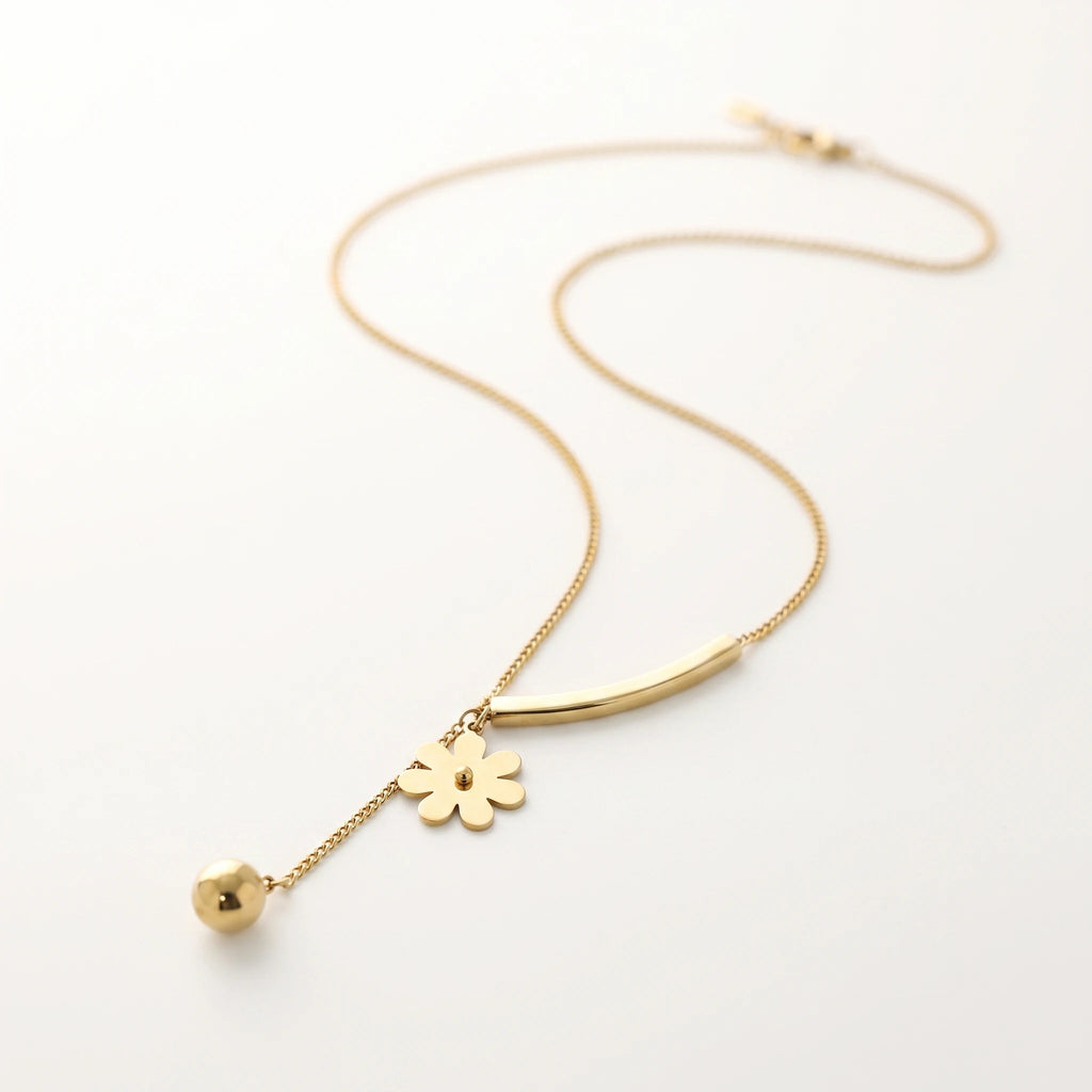 QIAOREN 13474 Dainty Y Drop Floral Necklace with Curved Bar, Solid Flower & Round Ball Pendant, Minimalist Thin Chain Necklace