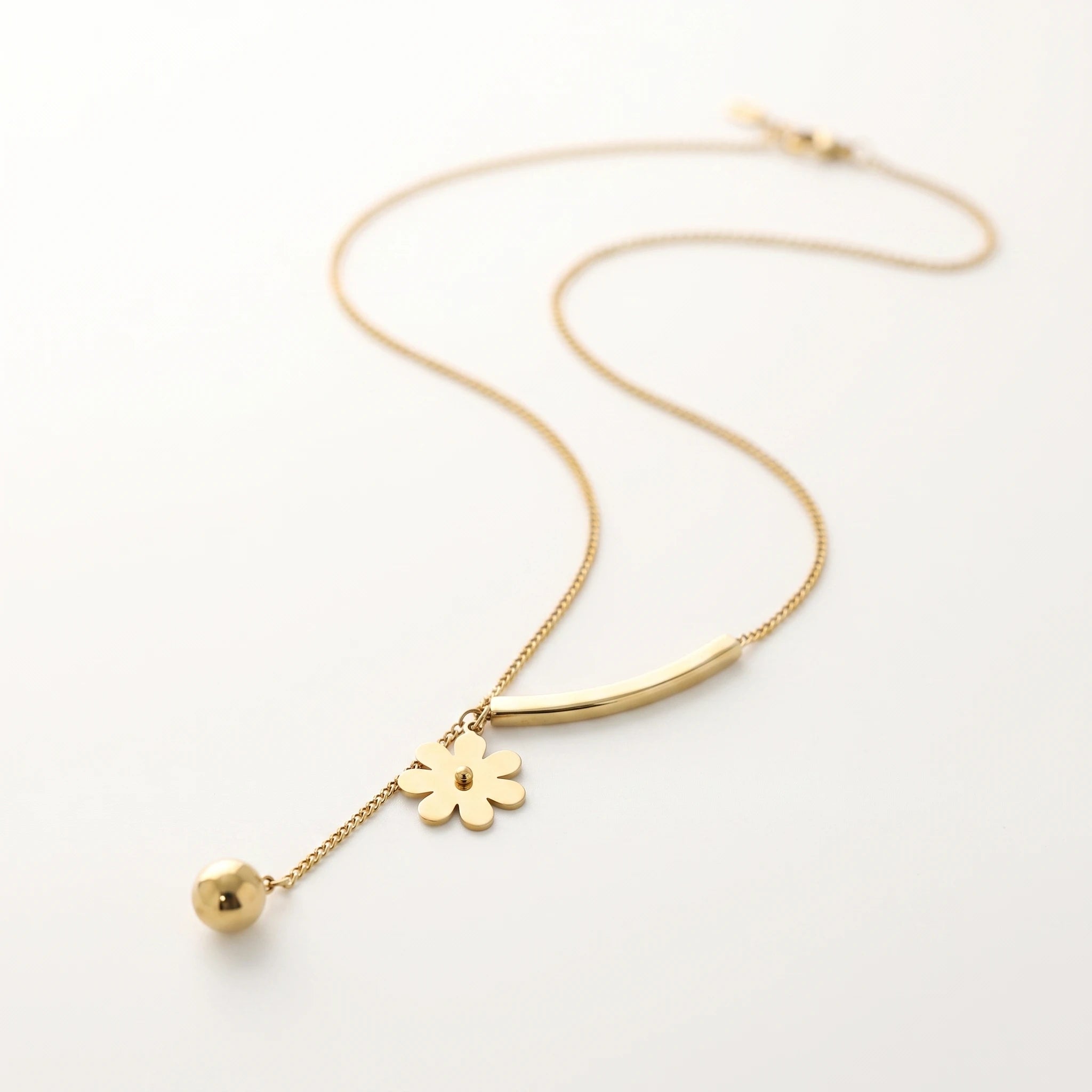 QIAOREN 13474 Dainty Y Drop Floral Necklace with Curved Bar, Solid Flower & Round Ball Pendant, Minimalist Thin Chain Necklace