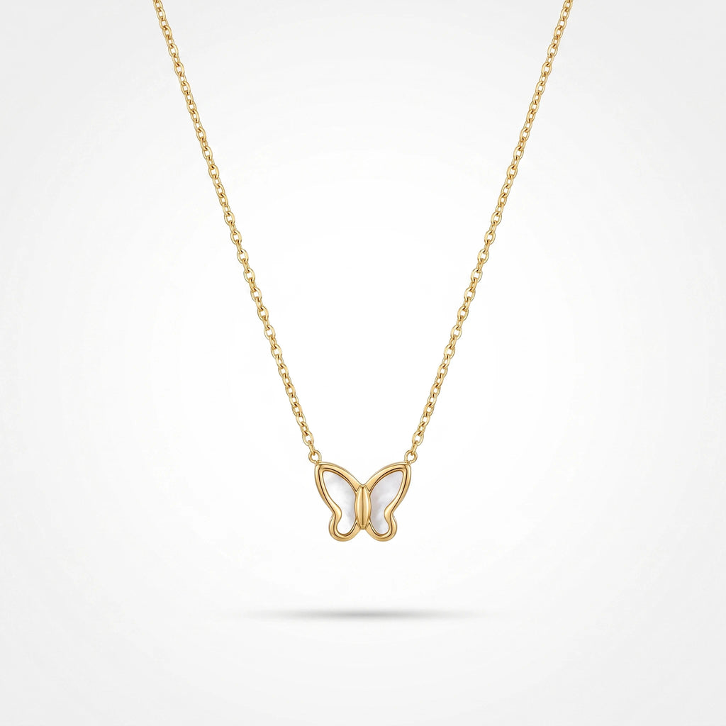 QIAOREN 13543 Dainty Hollow Butterfly Pendant Necklace with Natural Stone, Thin Gold Cable Chain