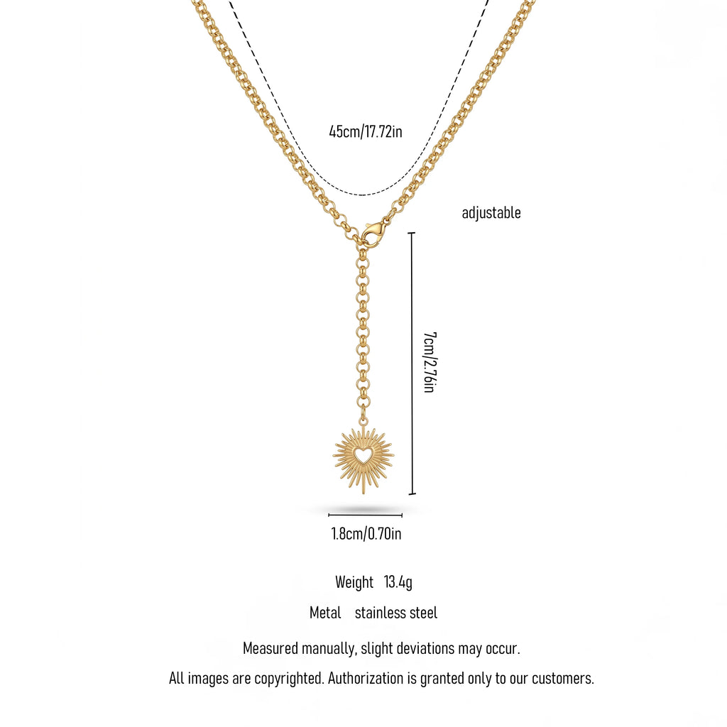 QIAOREN 11801 18K Gold Plated Stainless Steel Anti-Tarnish Sunburst Heart Lariat Y-Necklace Adjustable Dainty Pendant for Women