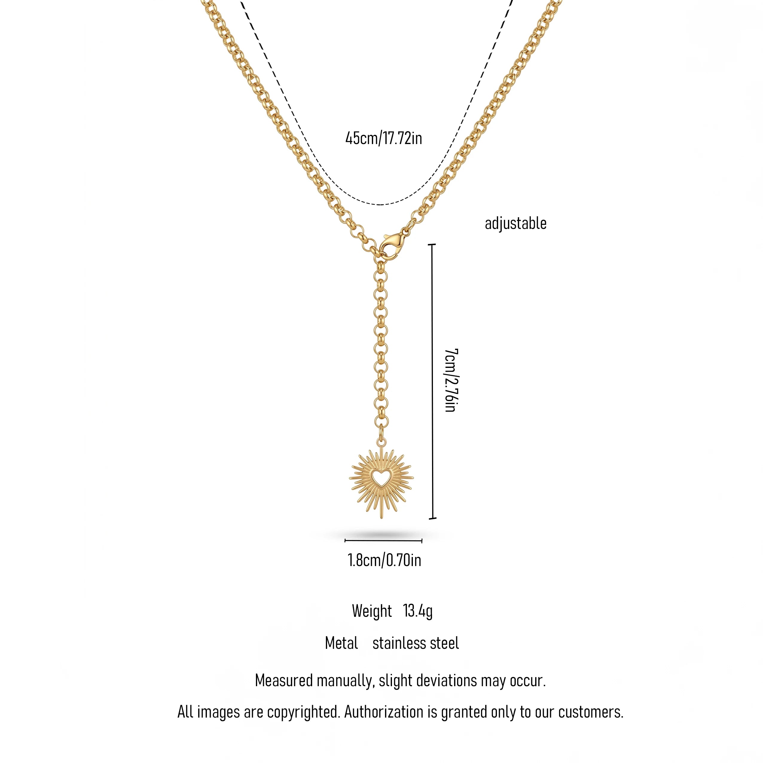 QIAOREN 11801 18K Gold Plated Stainless Steel Anti-Tarnish Sunburst Heart Lariat Y-Necklace Adjustable Dainty Pendant for Women