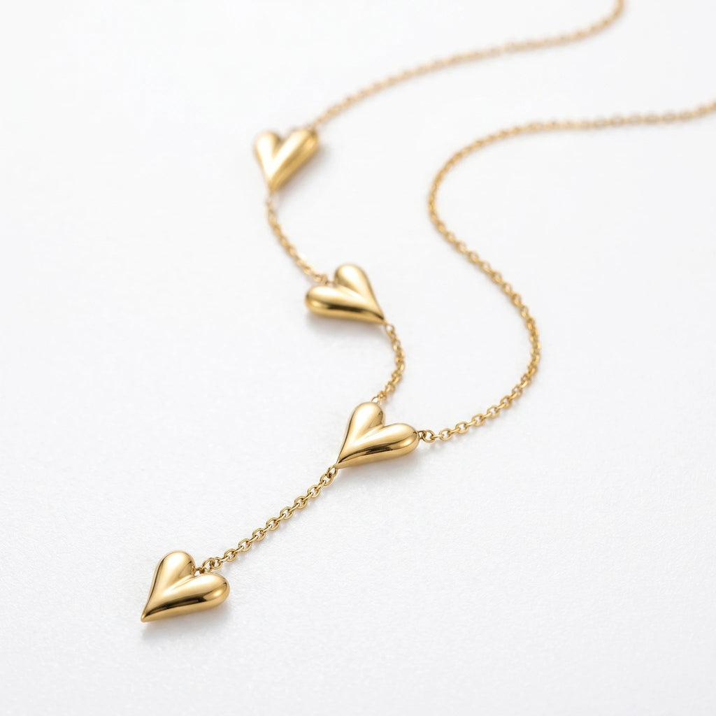 QIAOREN 12880 18K Gold Plated Puffy Heart Y Necklace, Waterproof Tarnish Free Stainless Steel Lariat Heart Jewelry for Women