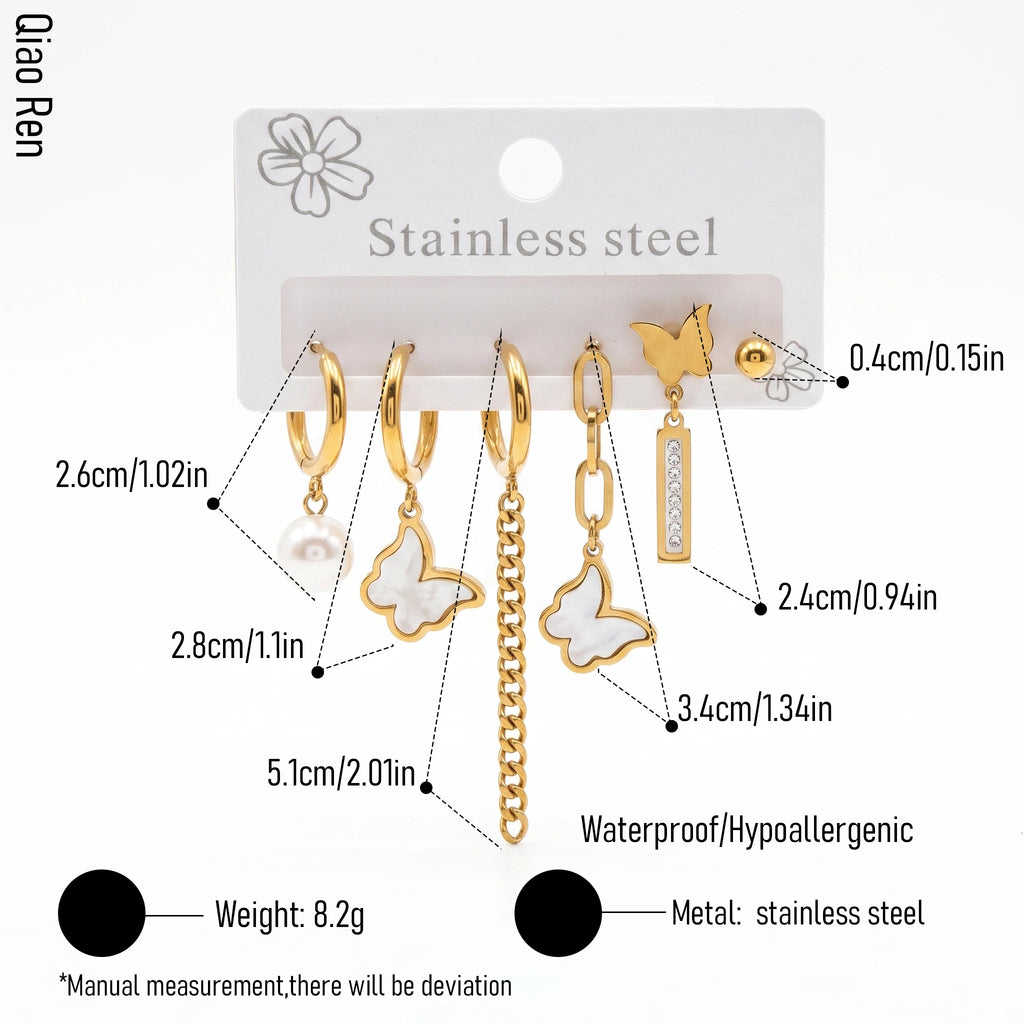 QIAOREN 14480 Stainless Steel Gold Huggie Hoop Earrings Set, Shell Butterfly, Pearl, Chain Tassel & Bar Zircon Dangle Jewelry