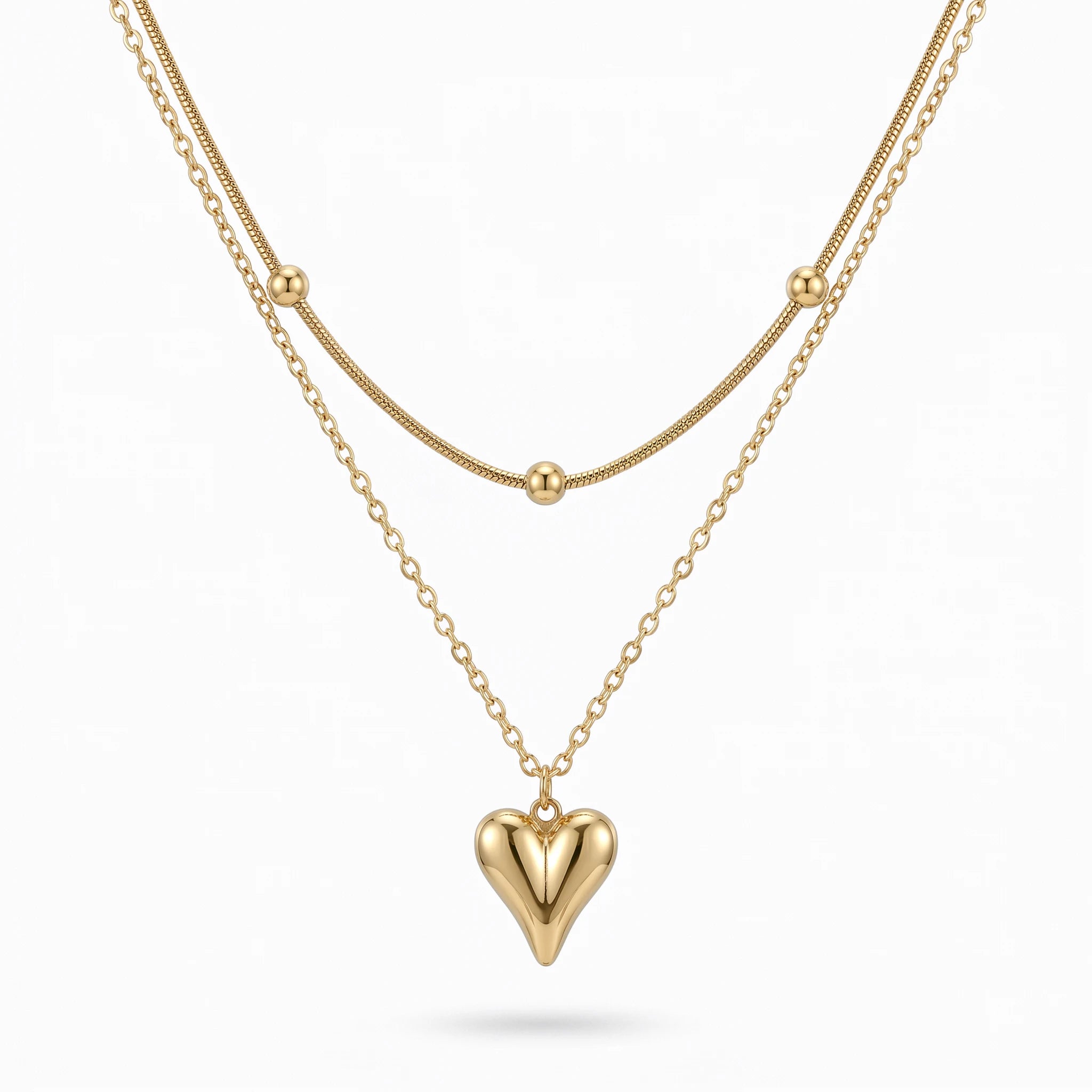 QIAOREN 11283 18K Gold Plated Layered Snake Chain Heart Pendant Necklace Stainless Steel Tarnish Free Waterproof Jewelry
